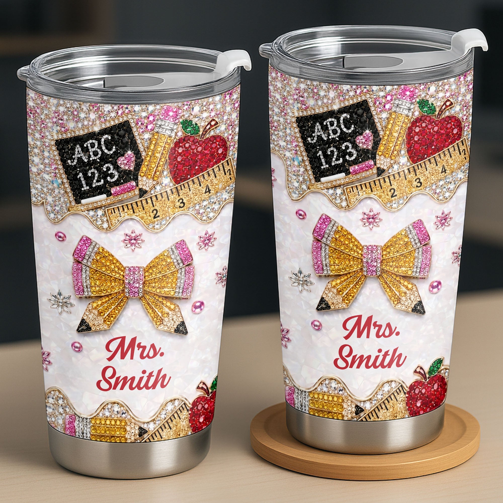 Personalized Teacher 20oz Tumbler Custom Name Rhinestone Apple 20oz Tumbler GradoCreations