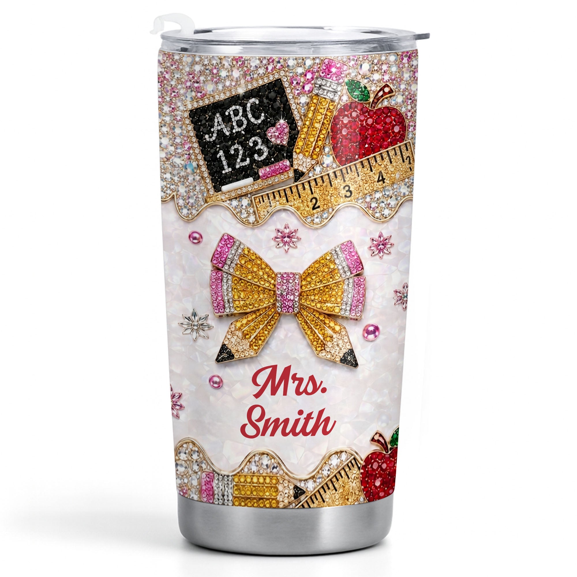 Personalized Teacher 20oz Tumbler Custom Name Rhinestone Apple 20oz Tumbler GradoCreations