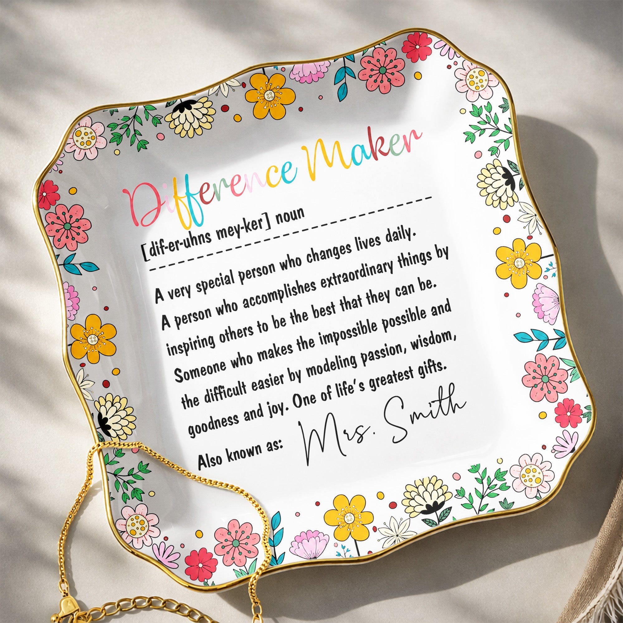 Personalized Ceramic Jewelry Dish Custom Name Gift for Teacher Lace Square Jewelry Dish GradoCreations