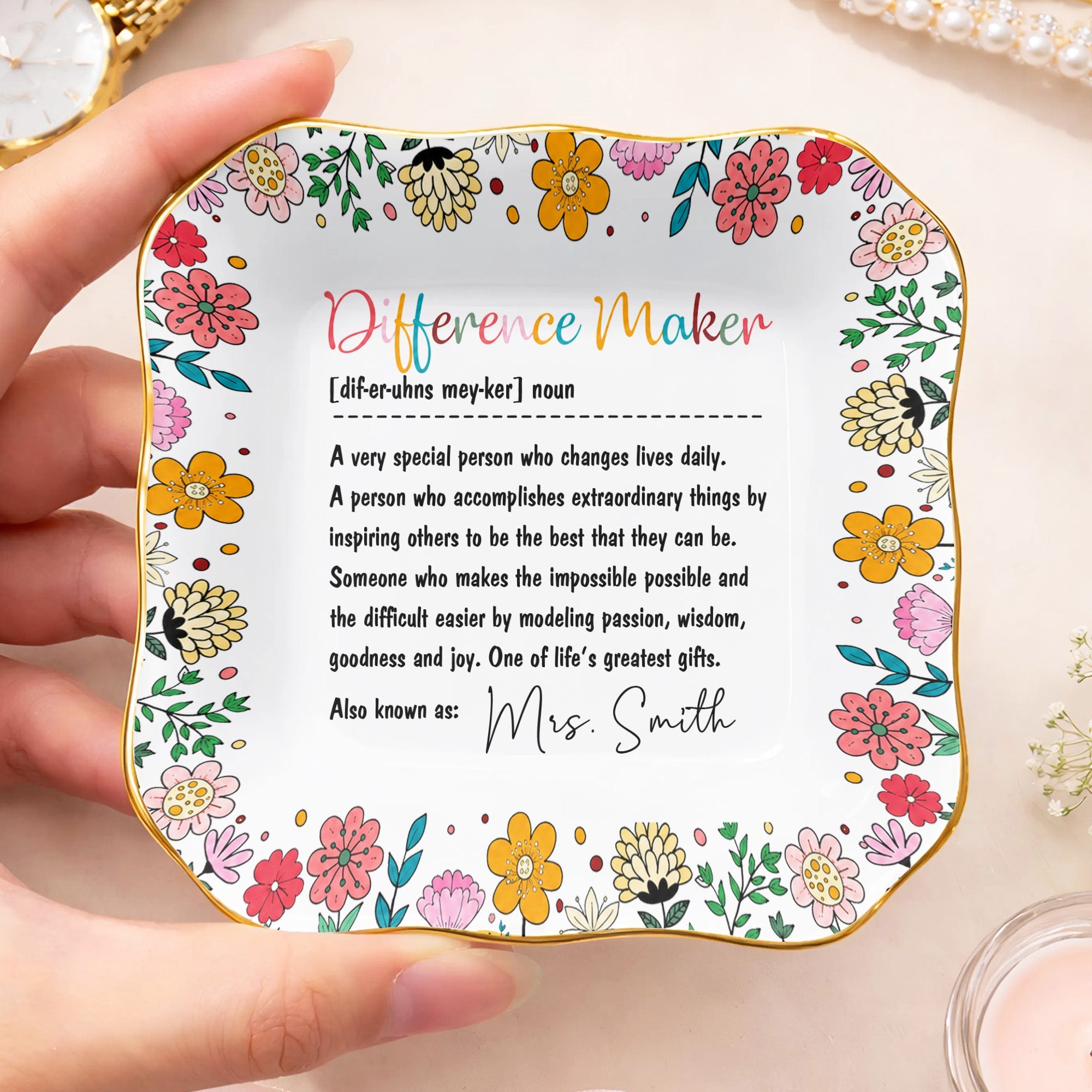 Personalized Ceramic Jewelry Dish Custom Name Gift for Teacher Lace Square Jewelry Dish GradoCreations