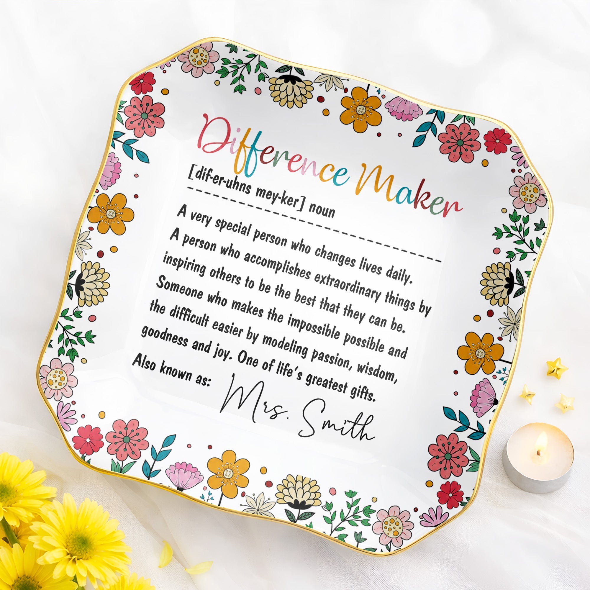 Personalized Ceramic Jewelry Dish Custom Name Gift for Teacher Lace Square Jewelry Dish GradoCreations