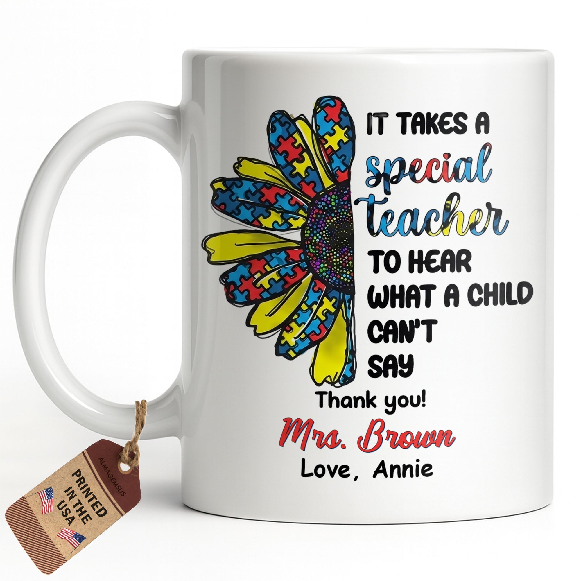 Personalized Teacher Coffee Mug Custom Name Sunflower Gift Edge-to-edge Mug GradoCreations