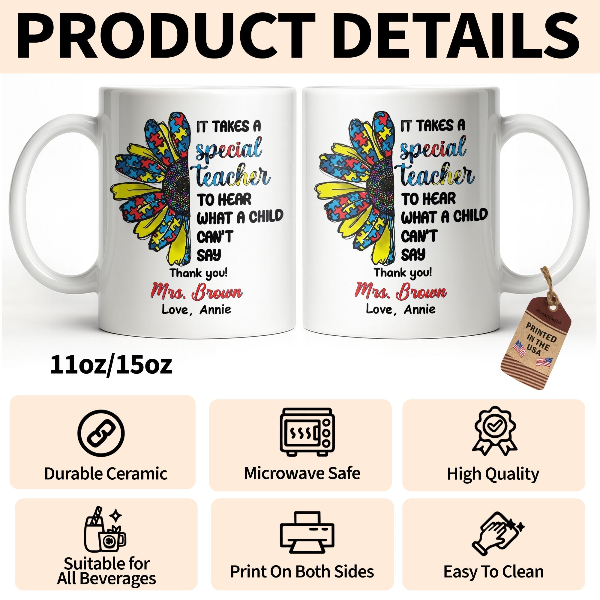 Personalized Teacher Coffee Mug Custom Name Sunflower Gift Edge-to-edge Mug GradoCreations