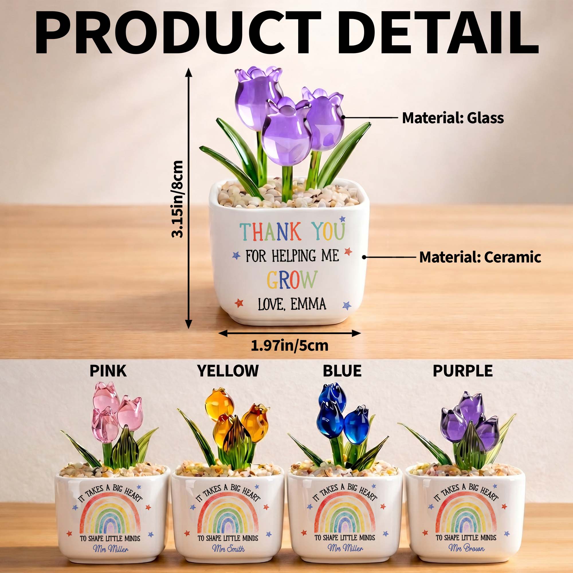 Personalized Glass Tulip Flowers Custom Name Gift for Teacher Glass Tulip GradoCreations