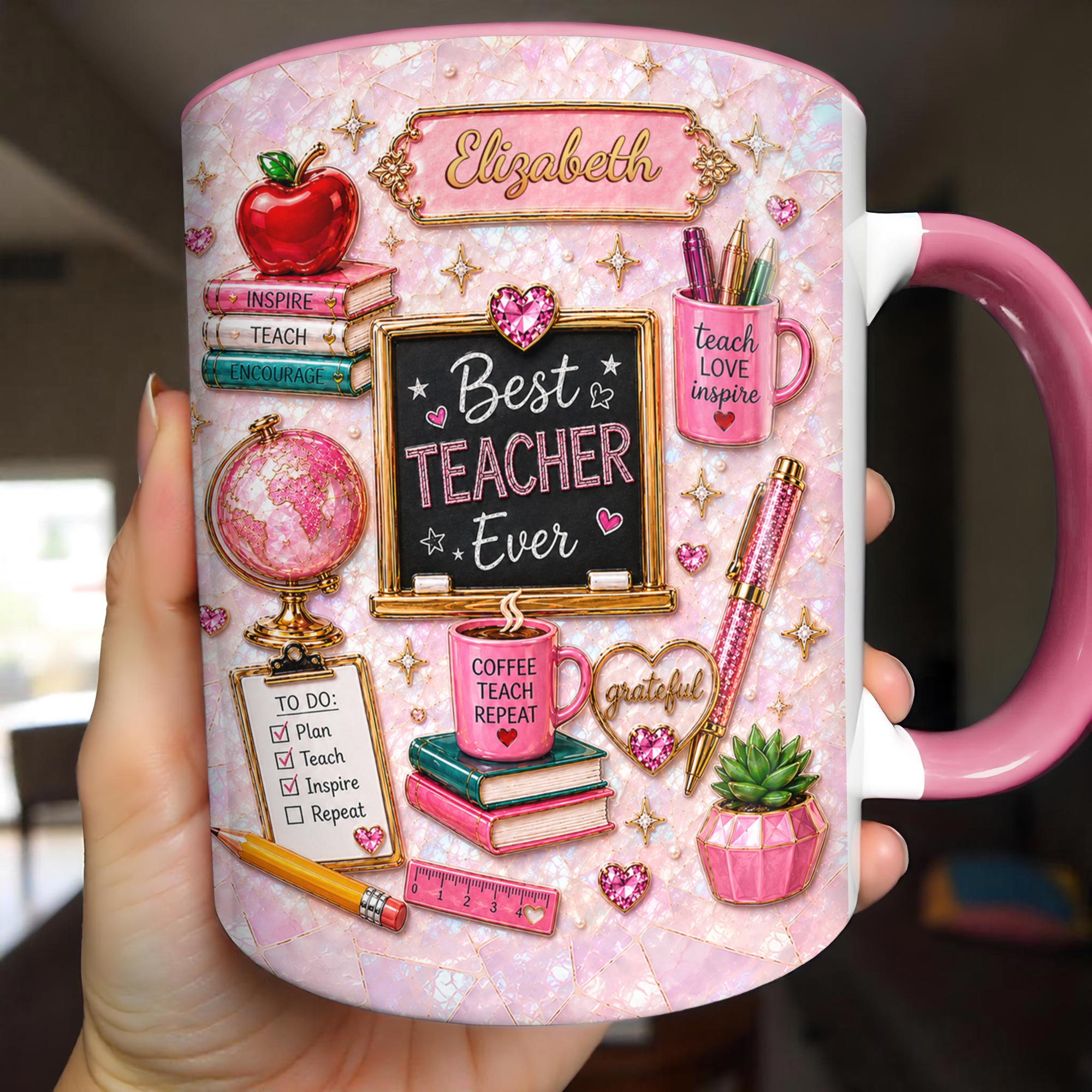 Personalized Teacher Mug Custom Name Apple Globe Gift Idea Accent Mug GradoCreations