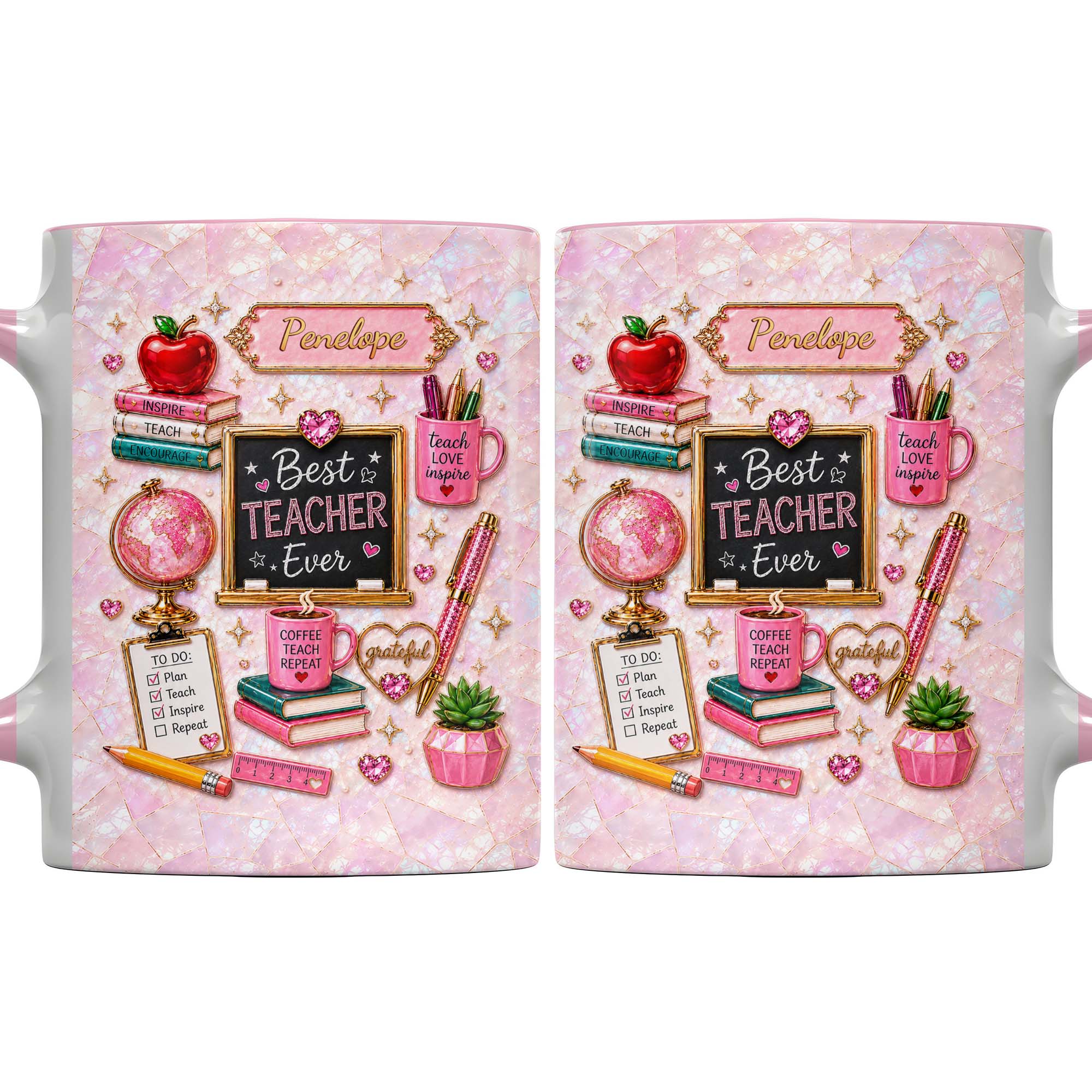 Personalized Teacher Mug Custom Name Apple Globe Gift Idea Accent Mug GradoCreations