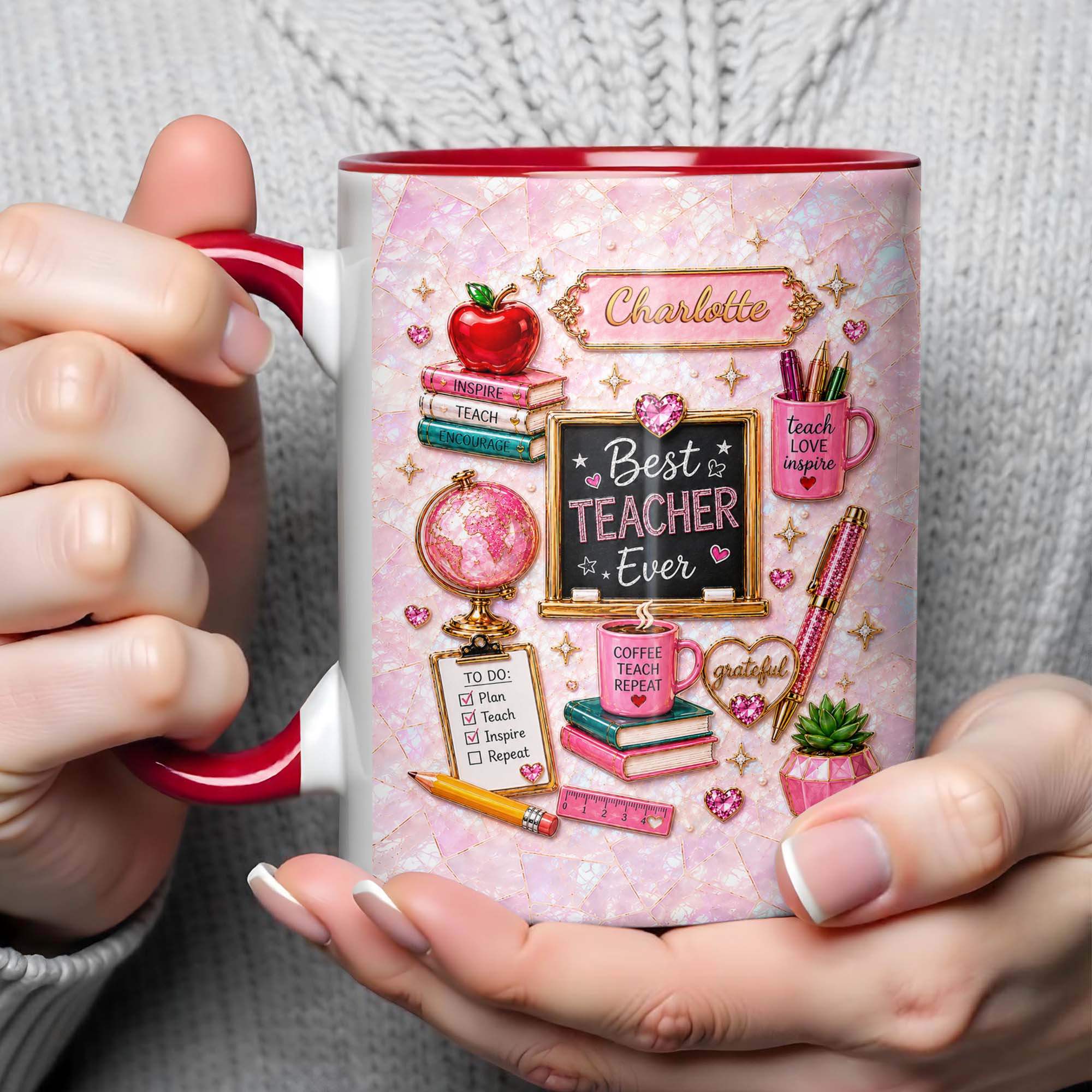 Personalized Teacher Mug Custom Name Apple Globe Gift Idea Accent Mug GradoCreations