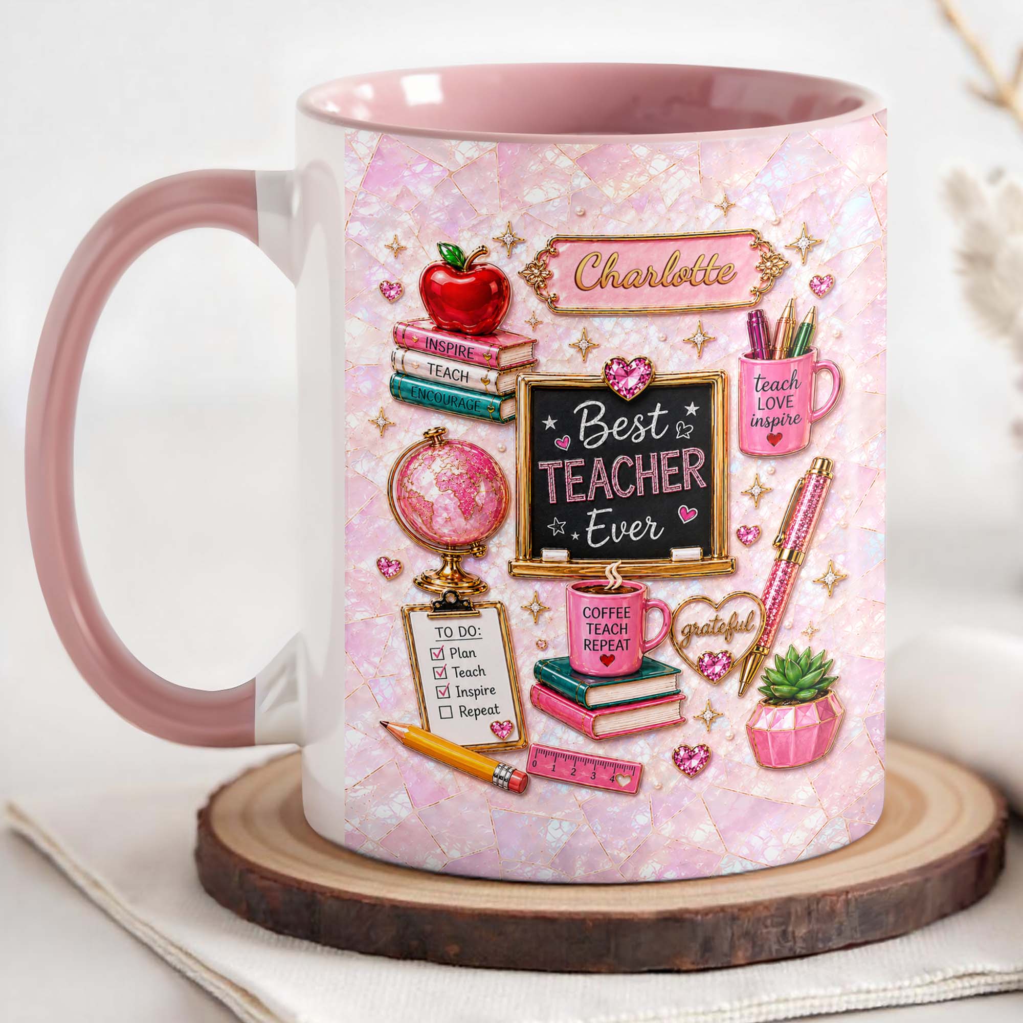 Personalized Teacher Mug Custom Name Apple Globe Gift Idea Accent Mug GradoCreations