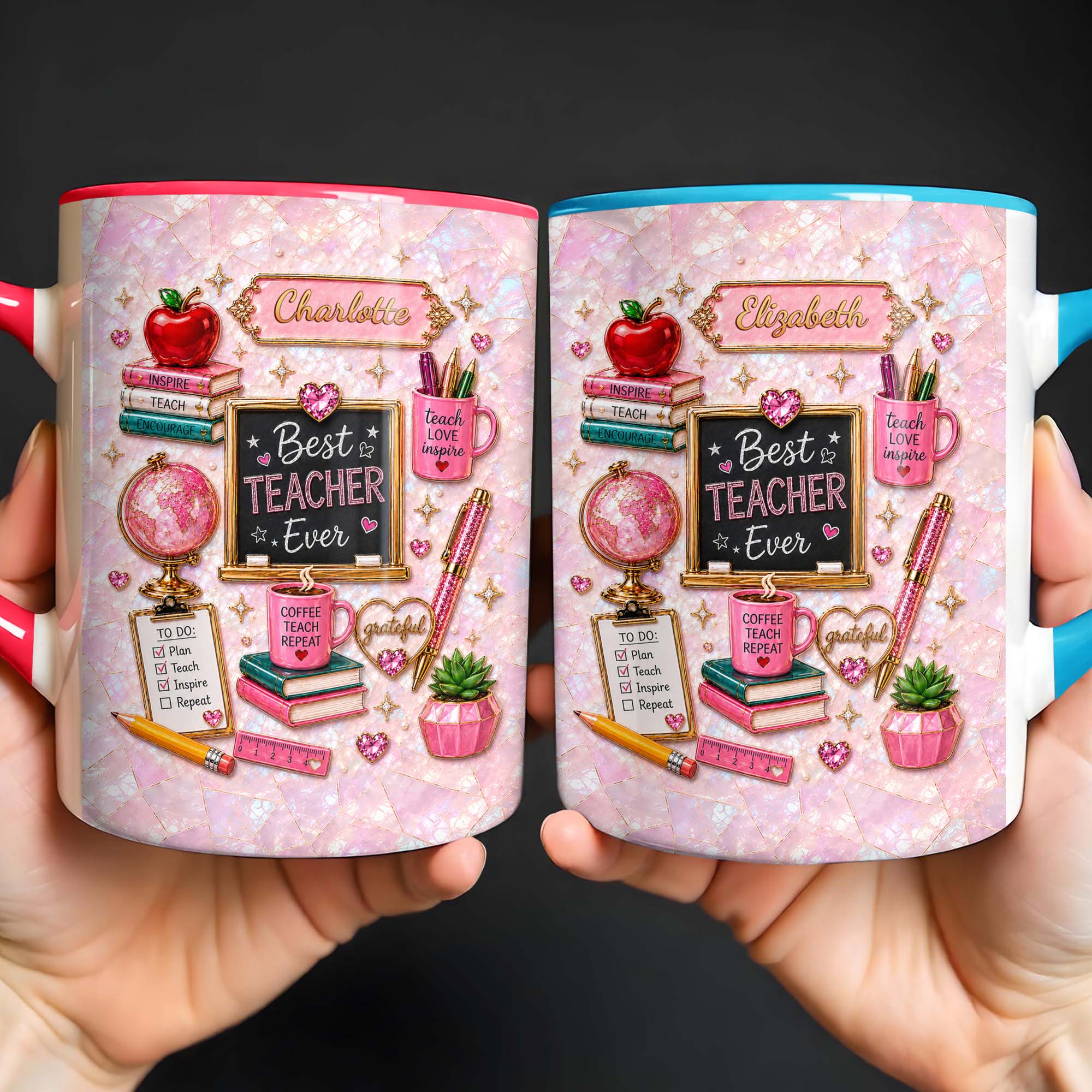 Personalized Teacher Mug Custom Name Apple Globe Gift Idea Accent Mug GradoCreations