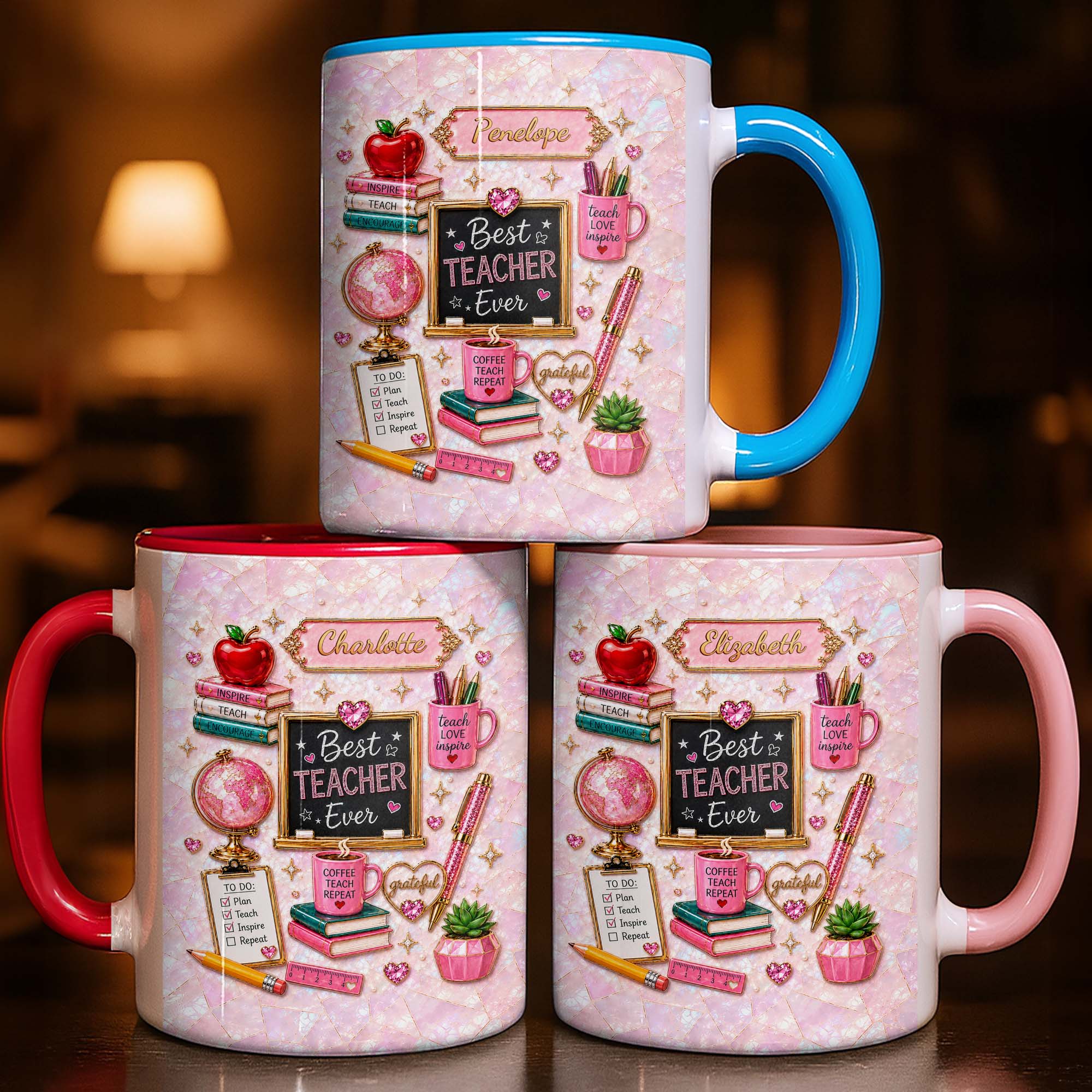 Personalized Teacher Mug Custom Name Apple Globe Gift Idea Accent Mug GradoCreations