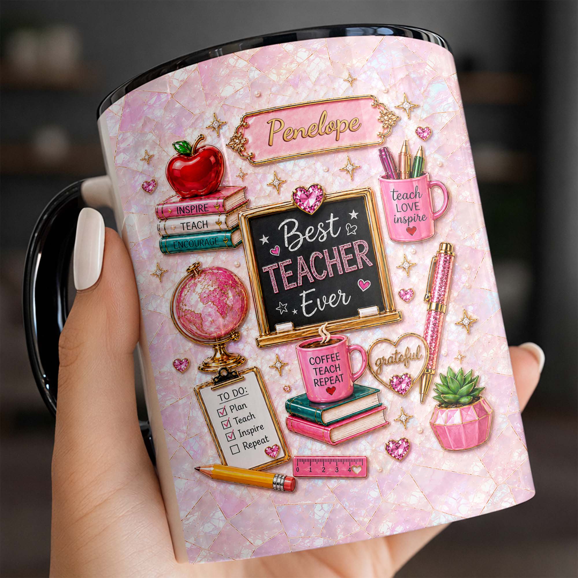 Personalized Teacher Mug Custom Name Apple Globe Gift Idea Accent Mug GradoCreations