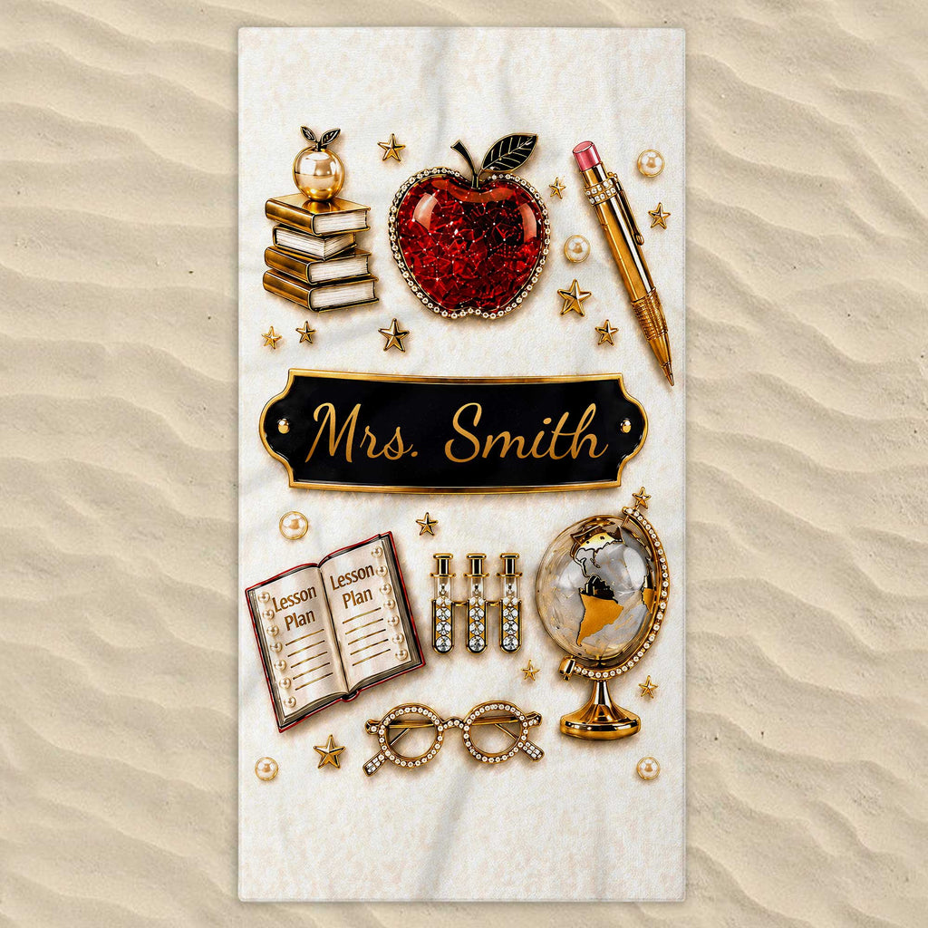 Personalized Beach Towel Custom Name 3D Apple Teacher Gift Beach Towels GradoCreations