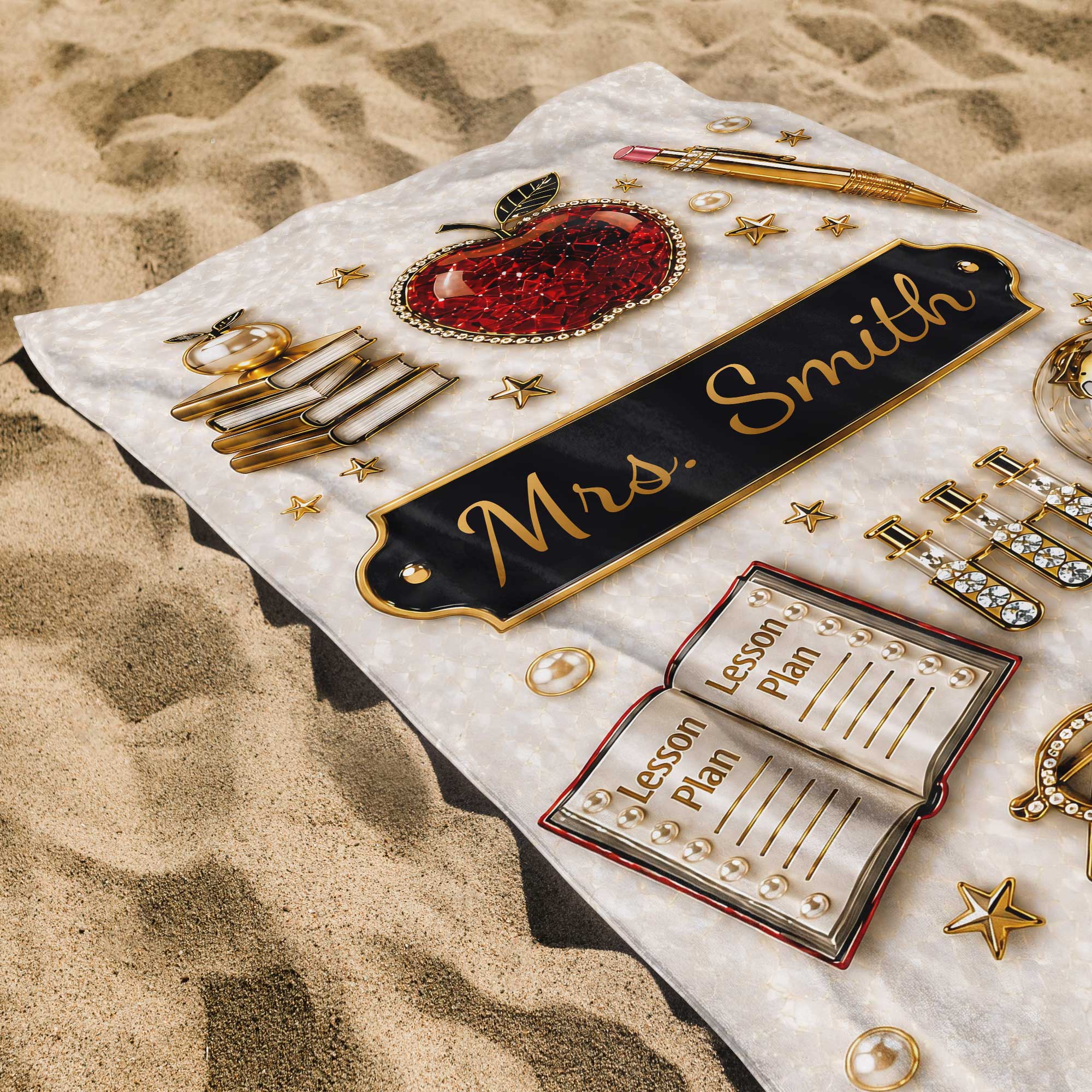 Personalized Beach Towel Custom Name 3D Apple Teacher Gift Beach Towels GradoCreations