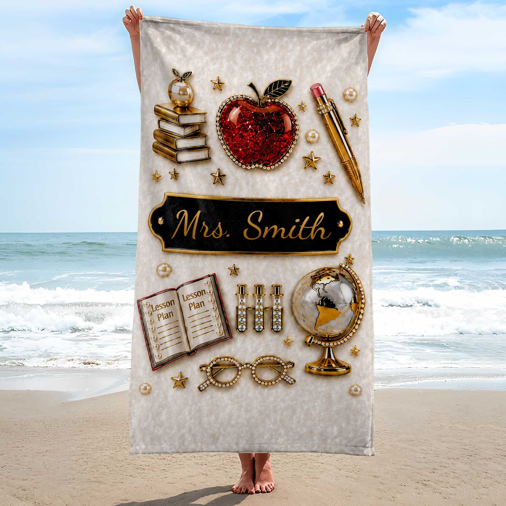 Personalized Beach Towel Custom Name 3D Apple Teacher Gift Beach Towels GradoCreations
