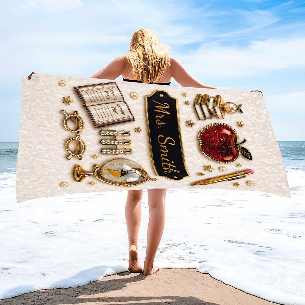 Personalized Beach Towel Custom Name 3D Apple Teacher Gift Beach Towels GradoCreations