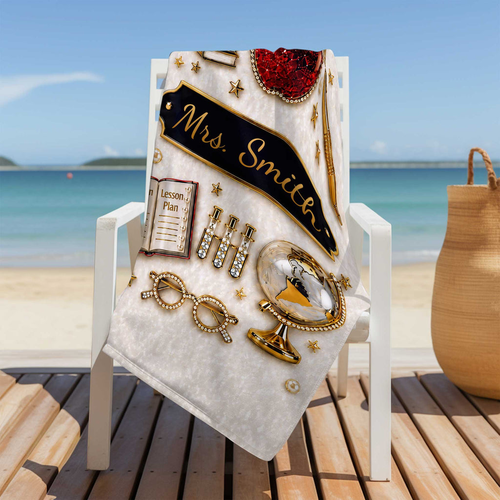 Personalized Beach Towel Custom Name 3D Apple Teacher Gift Beach Towels GradoCreations
