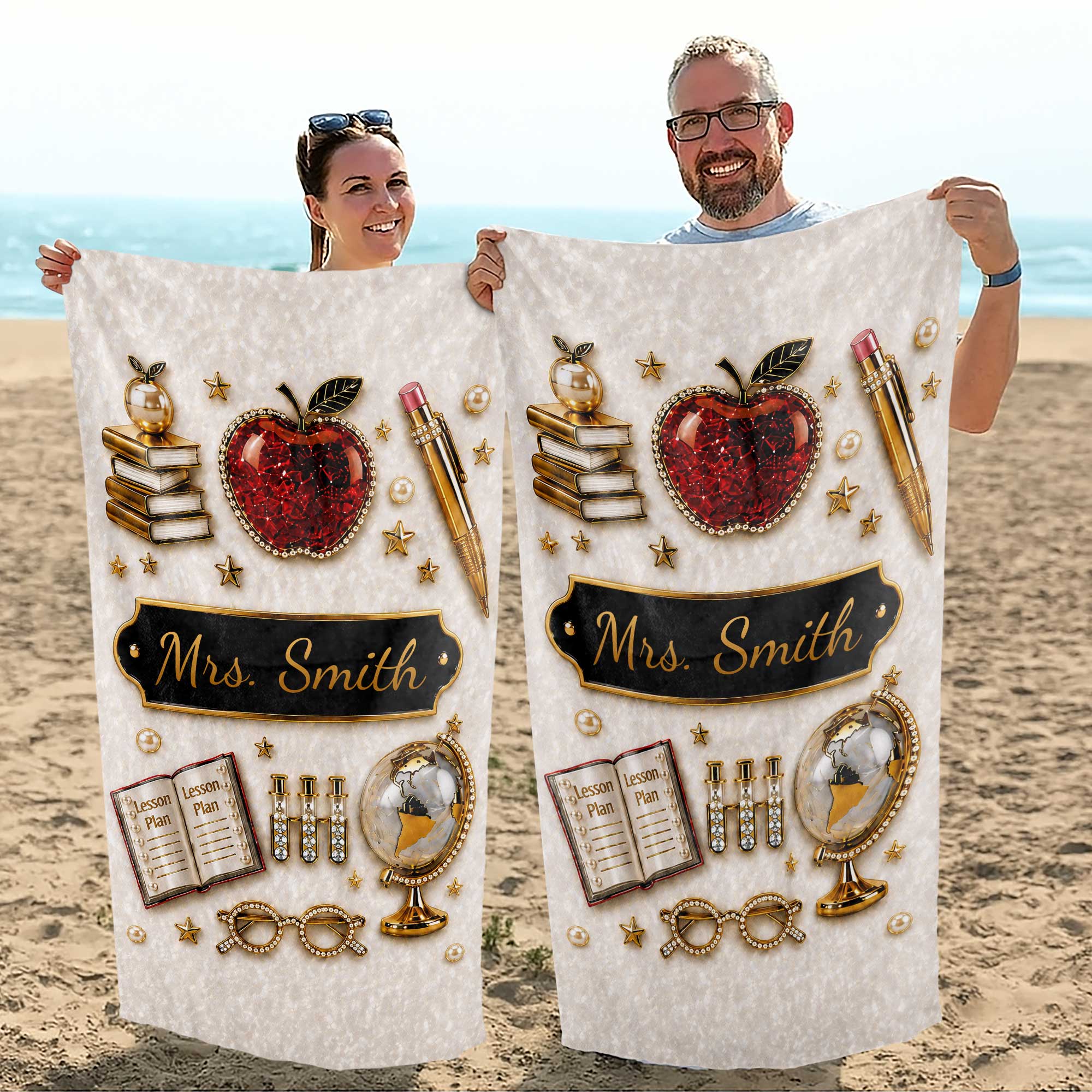 Personalized Beach Towel Custom Name 3D Apple Teacher Gift Beach Towels GradoCreations