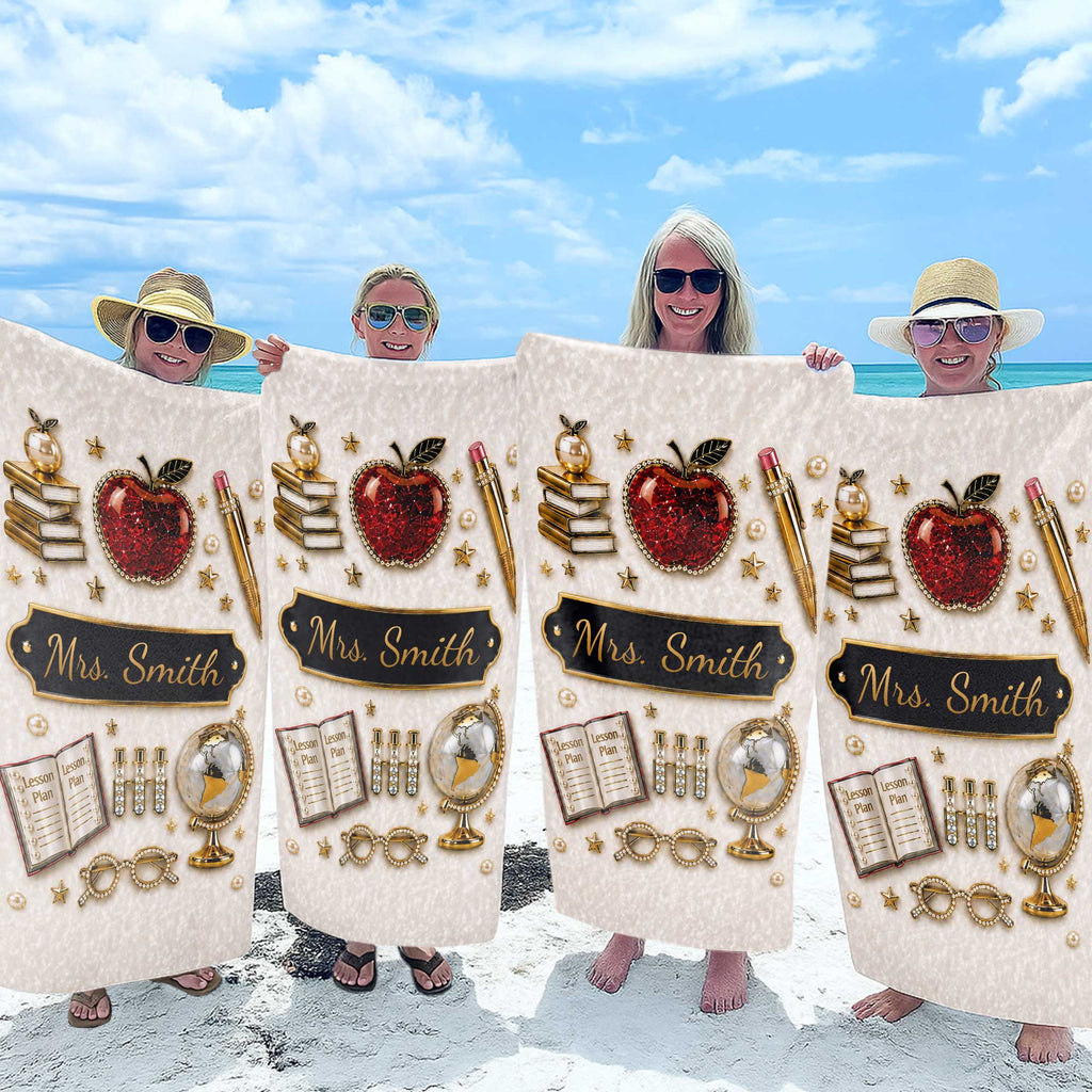 Personalized Beach Towel Custom Name 3D Apple Teacher Gift Beach Towels GradoCreations