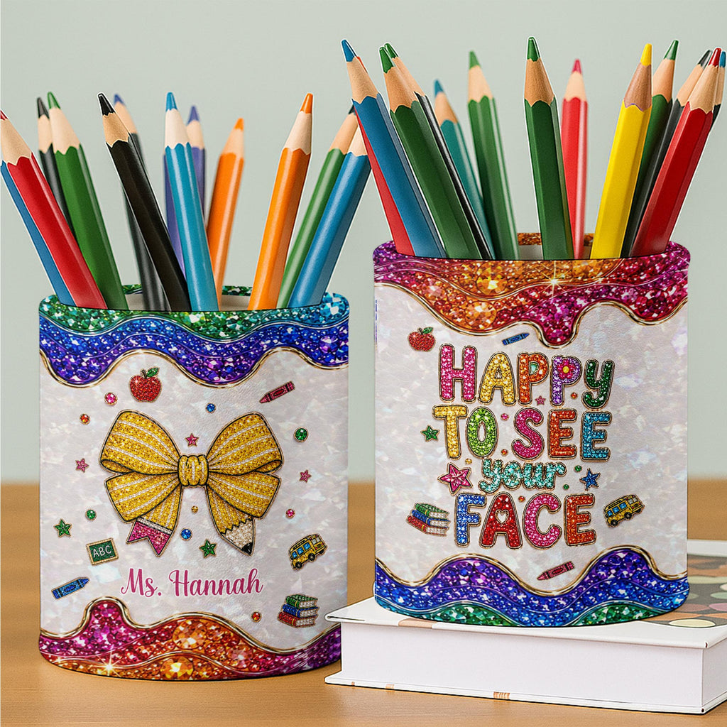 Personalized Leather Circular Pen Holder Custom Name Teacher Gift