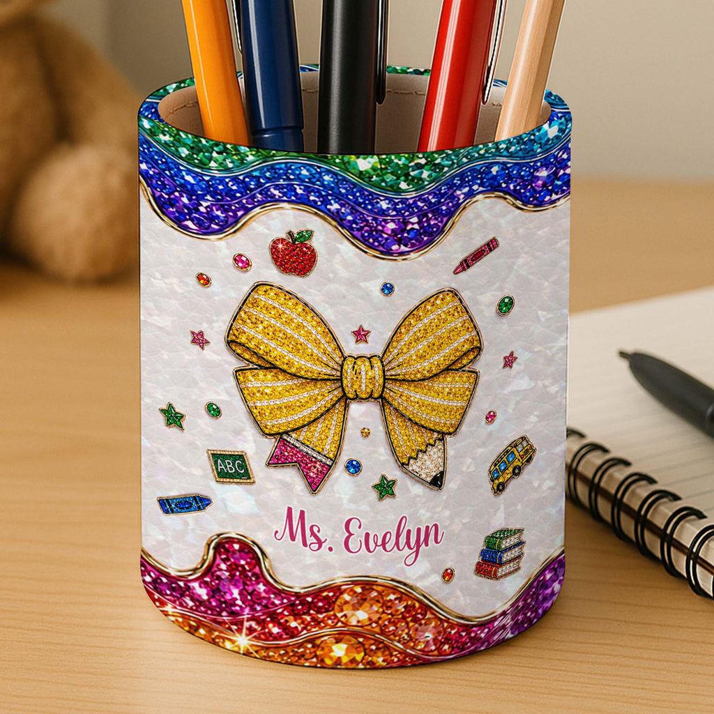 Personalized Leather Circular Pen Holder Custom Name Teacher Gift
