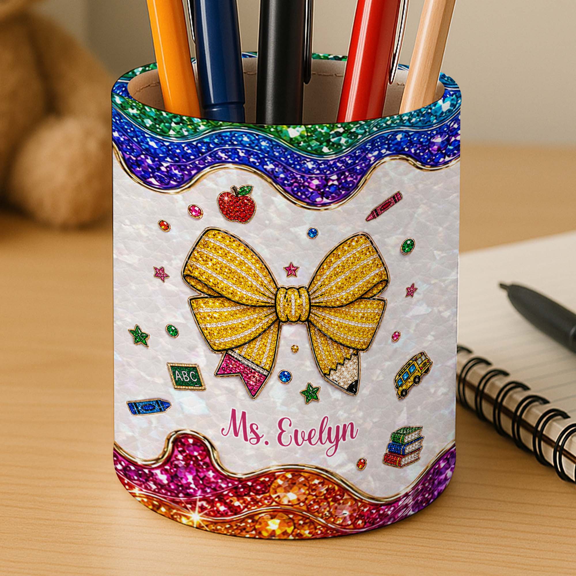 Personalized Leather Circular Pen Holder Custom Name Teacher Gift