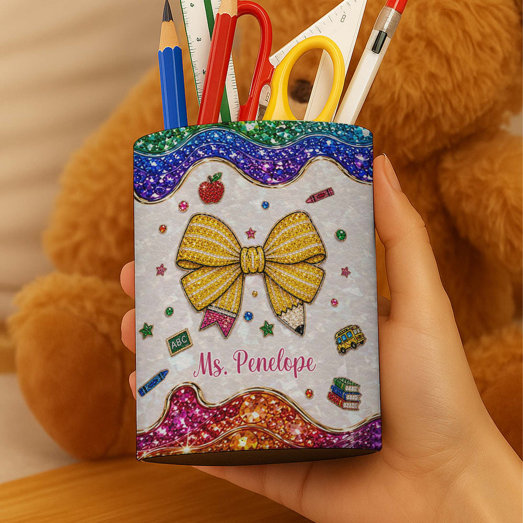 Personalized Leather Circular Pen Holder Custom Name Teacher Gift