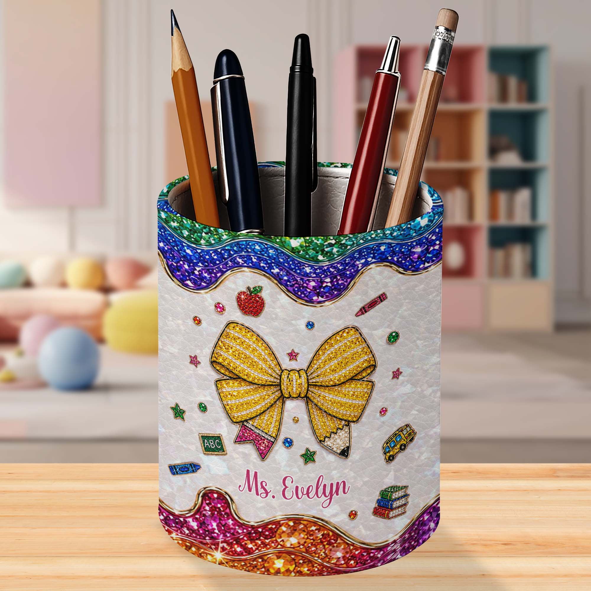 Personalized Leather Circular Pen Holder Custom Name Teacher Gift
