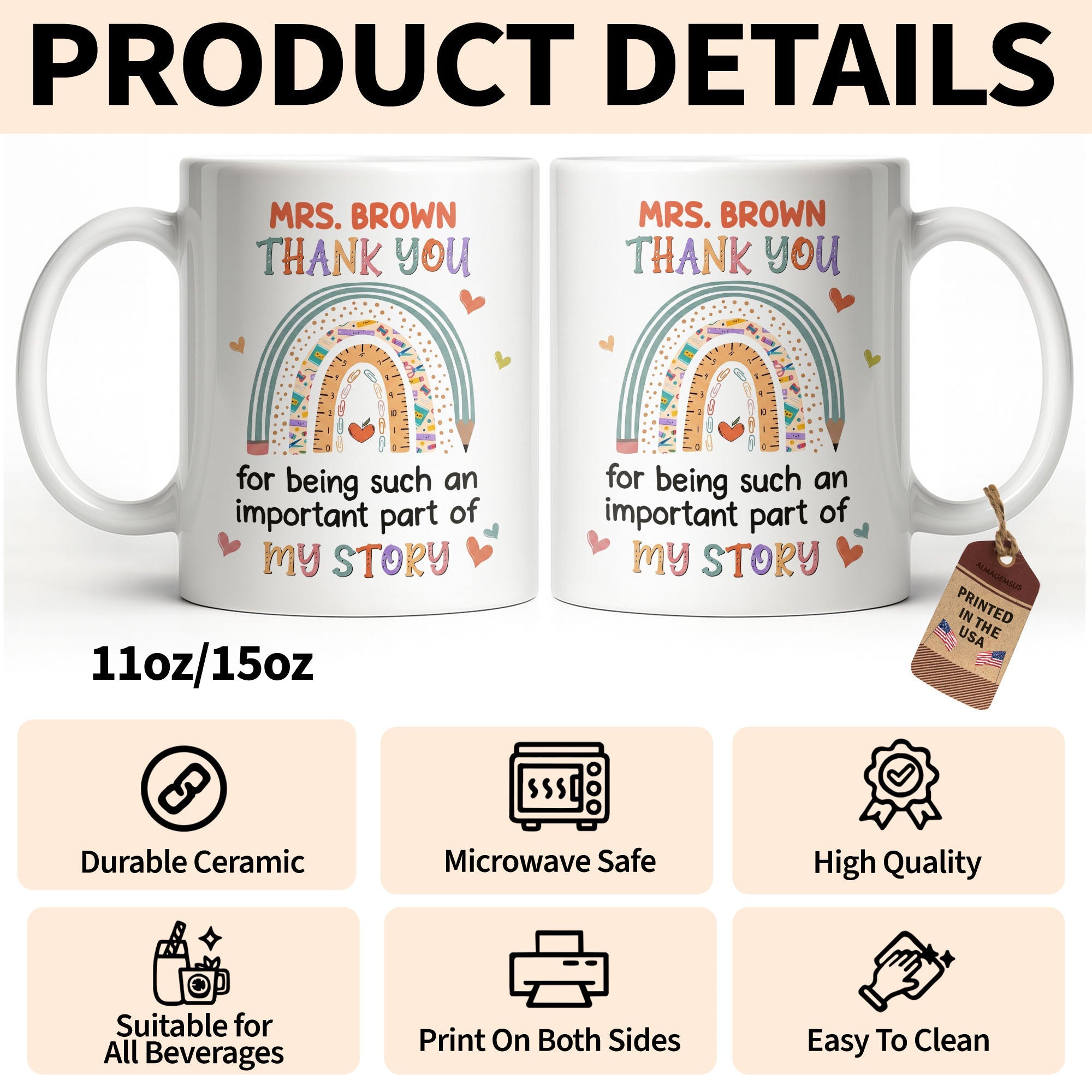 Personalized Rainbow Pencil Coffee Mug Custom Gift for Teacher Edge-to-edge Mug GradoCreations
