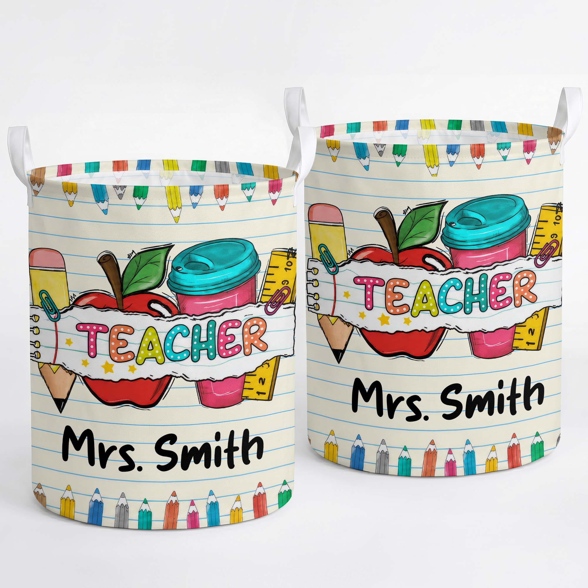 Personalized Teacher Storage Basket with Apple & Coffee Cup Gift Basket GradoCreations