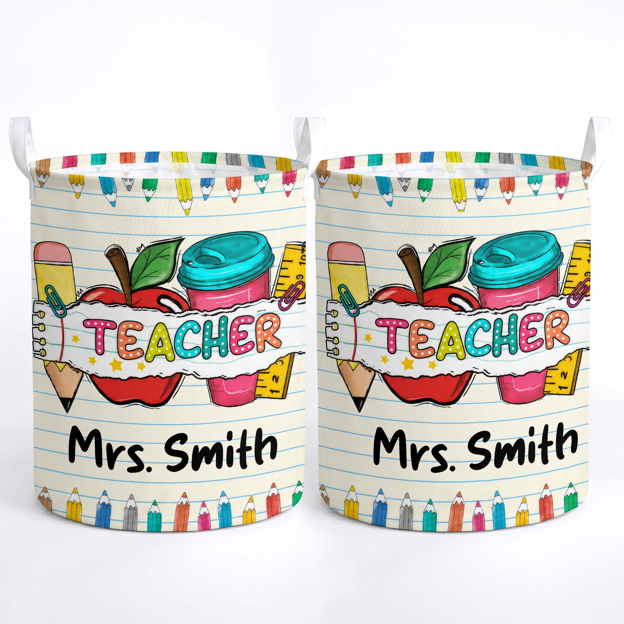 Personalized Teacher Storage Basket with Apple & Coffee Cup Gift Basket GradoCreations