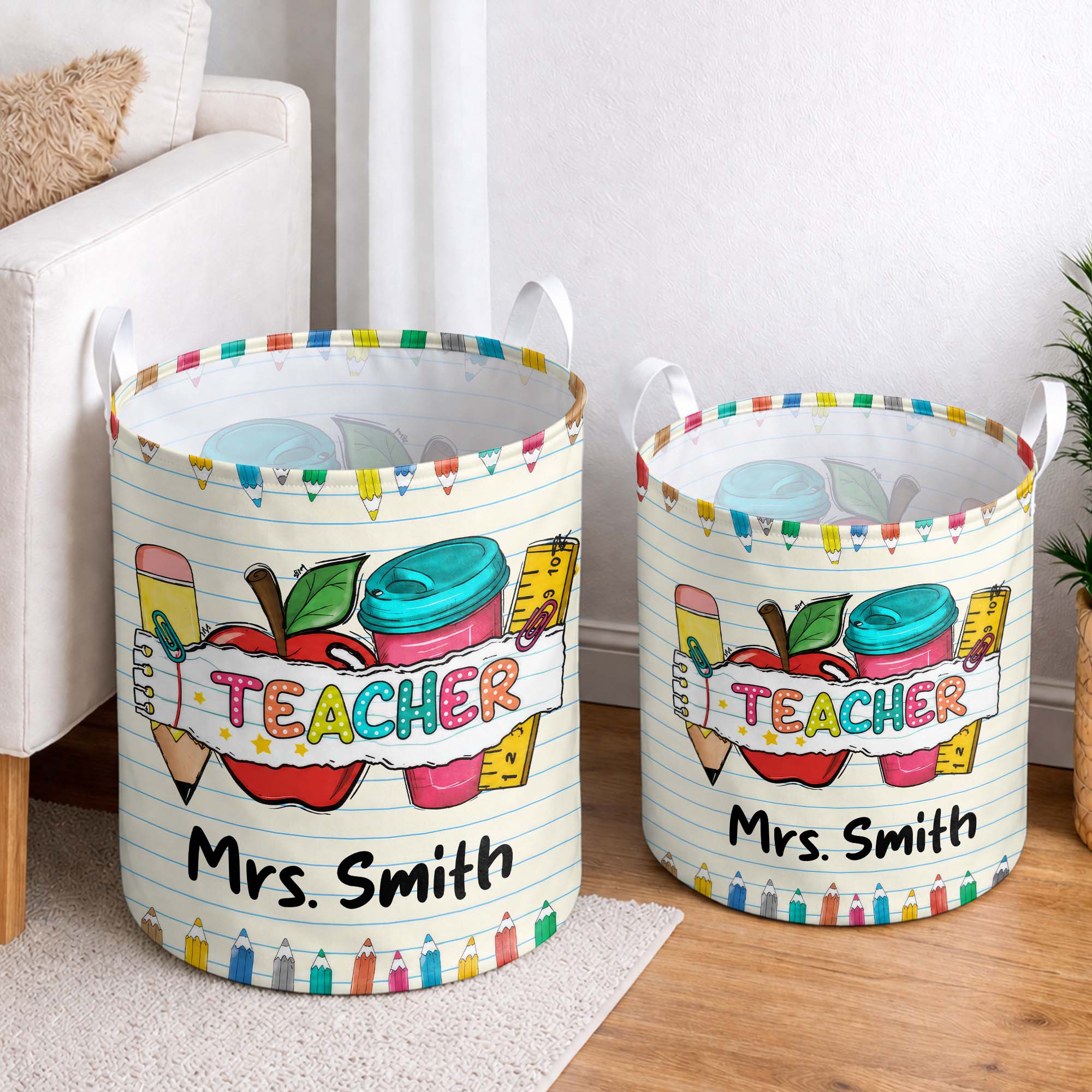 Personalized Teacher Storage Basket with Apple & Coffee Cup Gift Basket GradoCreations