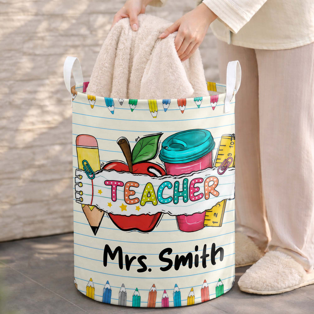 Personalized Teacher Storage Basket with Apple & Coffee Cup Gift Basket GradoCreations