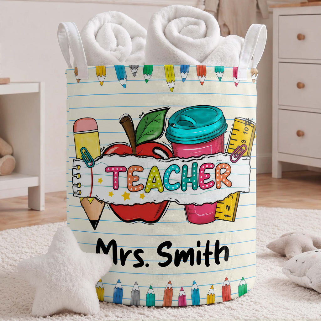 Personalized Teacher Storage Basket with Apple & Coffee Cup Gift Basket GradoCreations