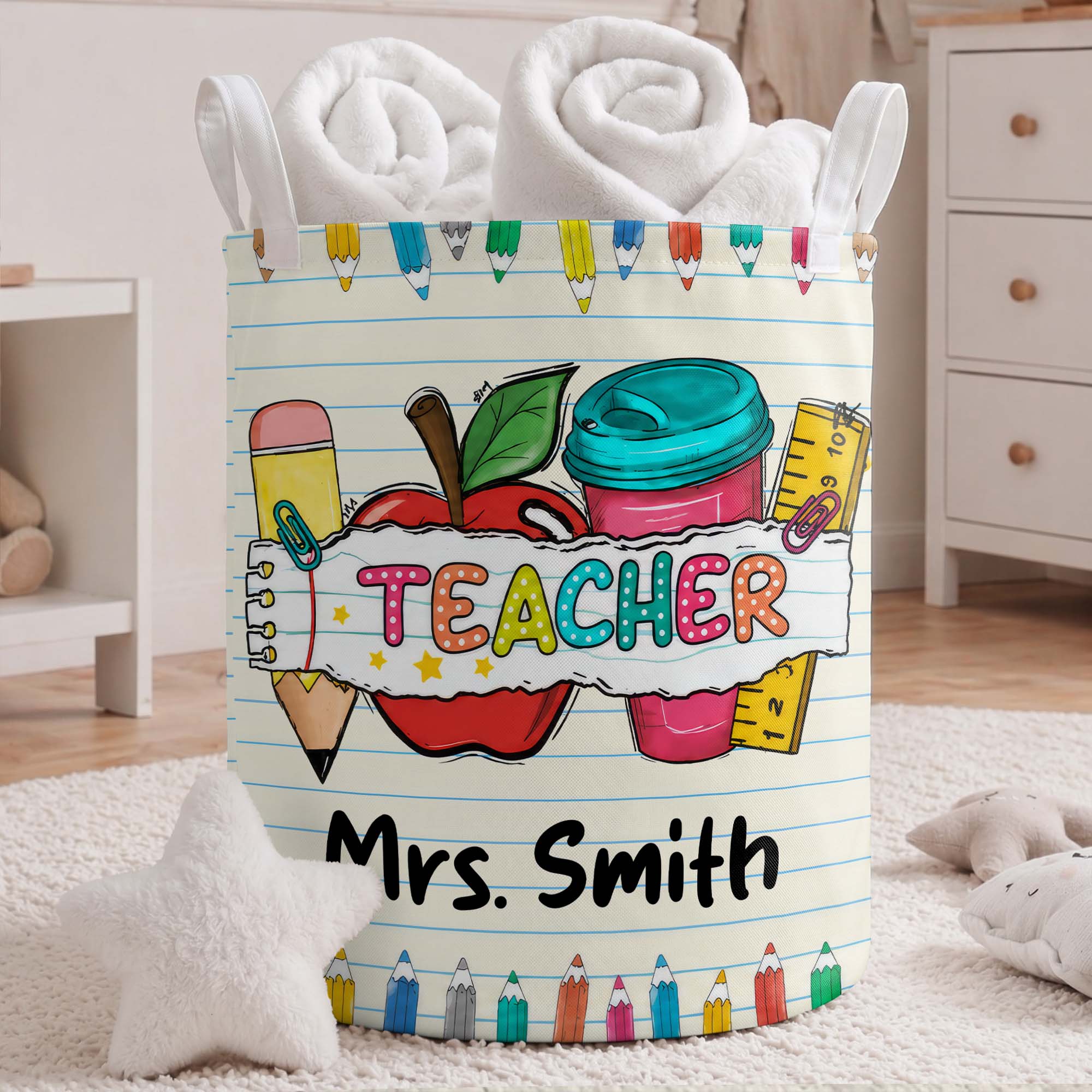 Personalized Teacher Storage Basket with Apple & Coffee Cup Gift Basket GradoCreations