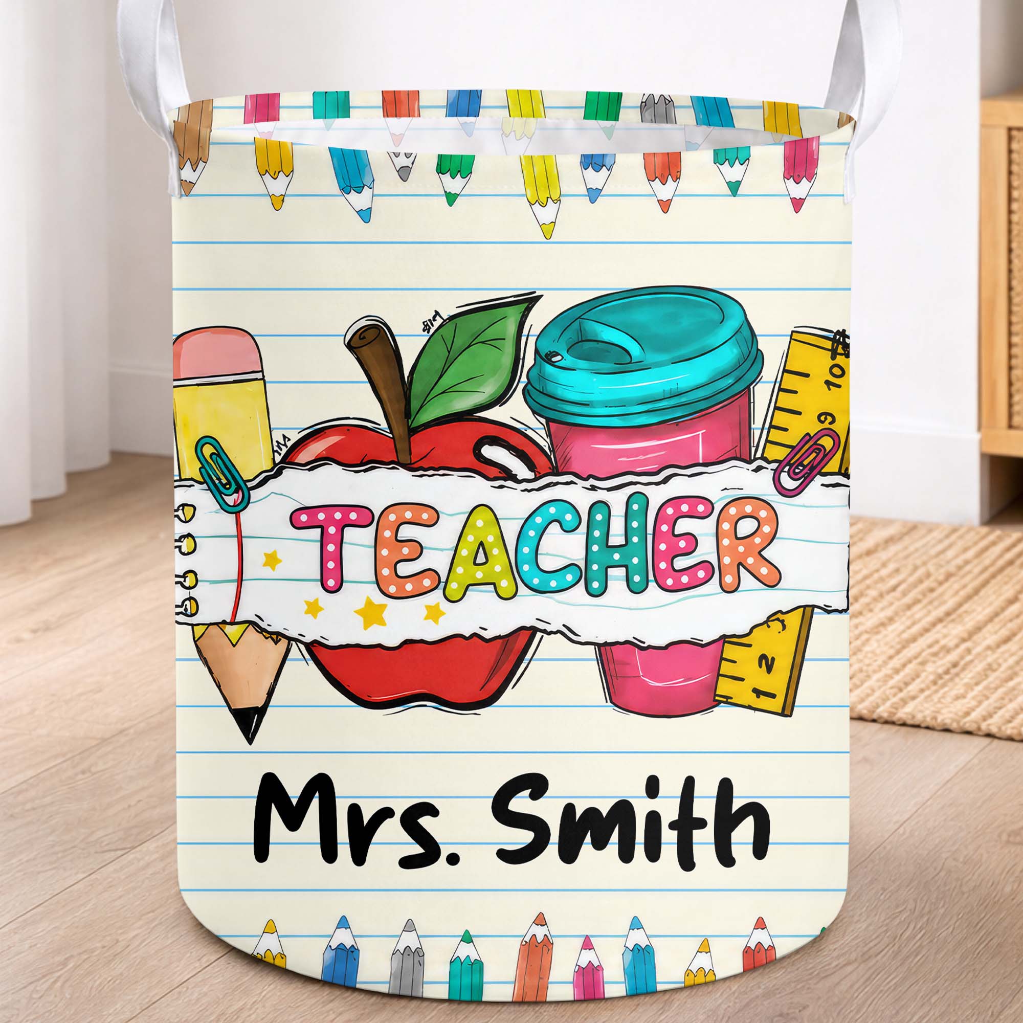 Personalized Teacher Storage Basket with Apple & Coffee Cup Gift Basket GradoCreations
