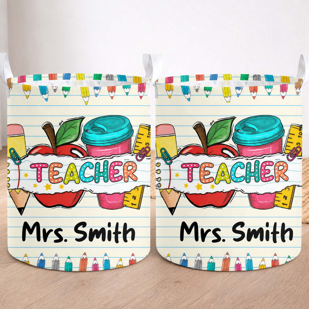 Personalized Teacher Storage Basket with Apple & Coffee Cup Gift Basket GradoCreations