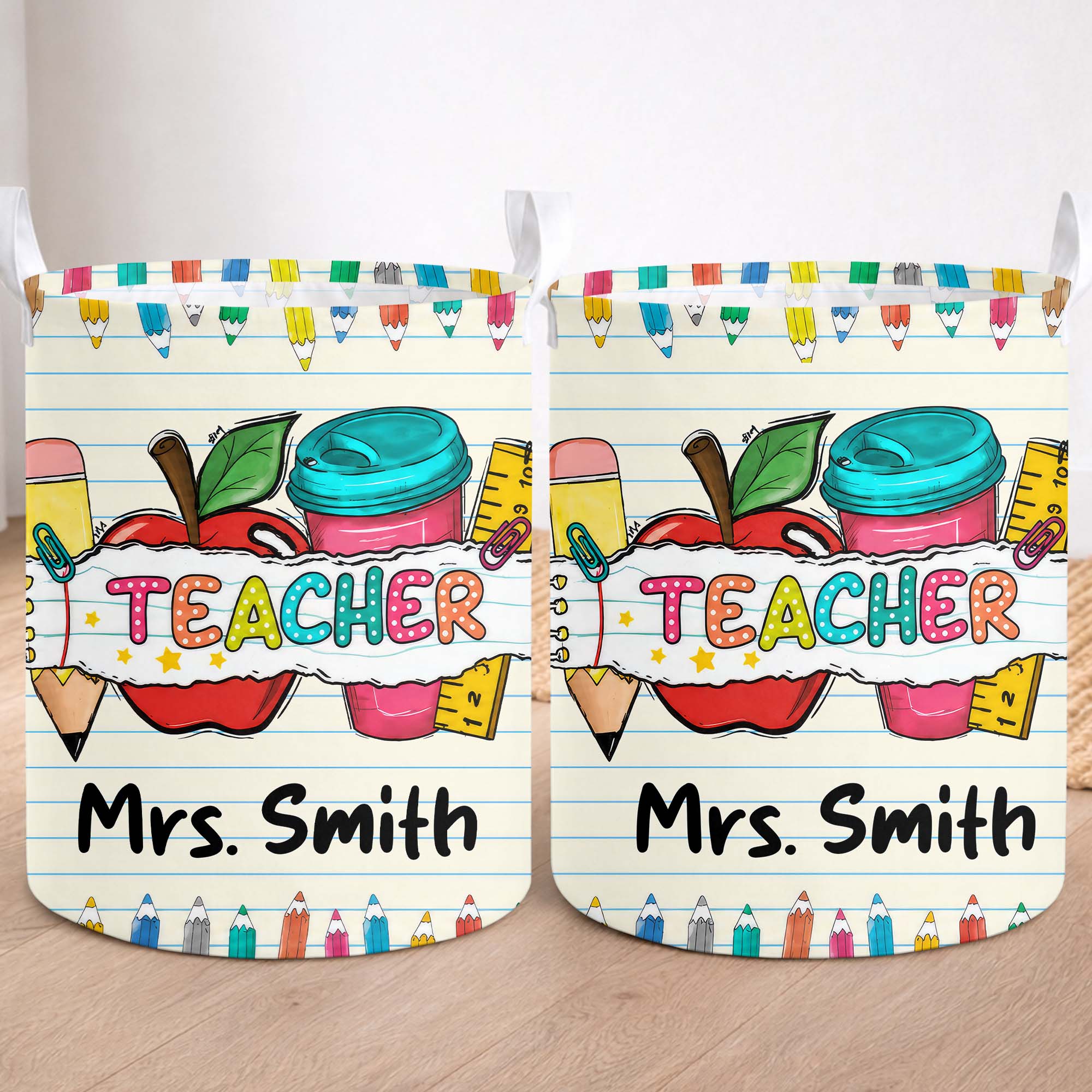 Personalized Teacher Storage Basket with Apple & Coffee Cup Gift Basket GradoCreations