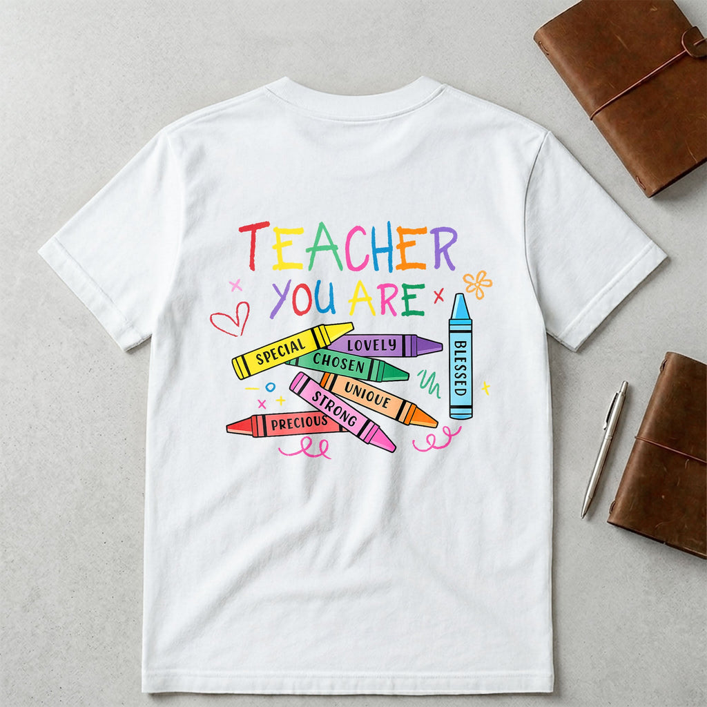 Personalized Teacher T-Shirt Gift Custom Crayon Design T-Shirt Font and Back GradoCreations