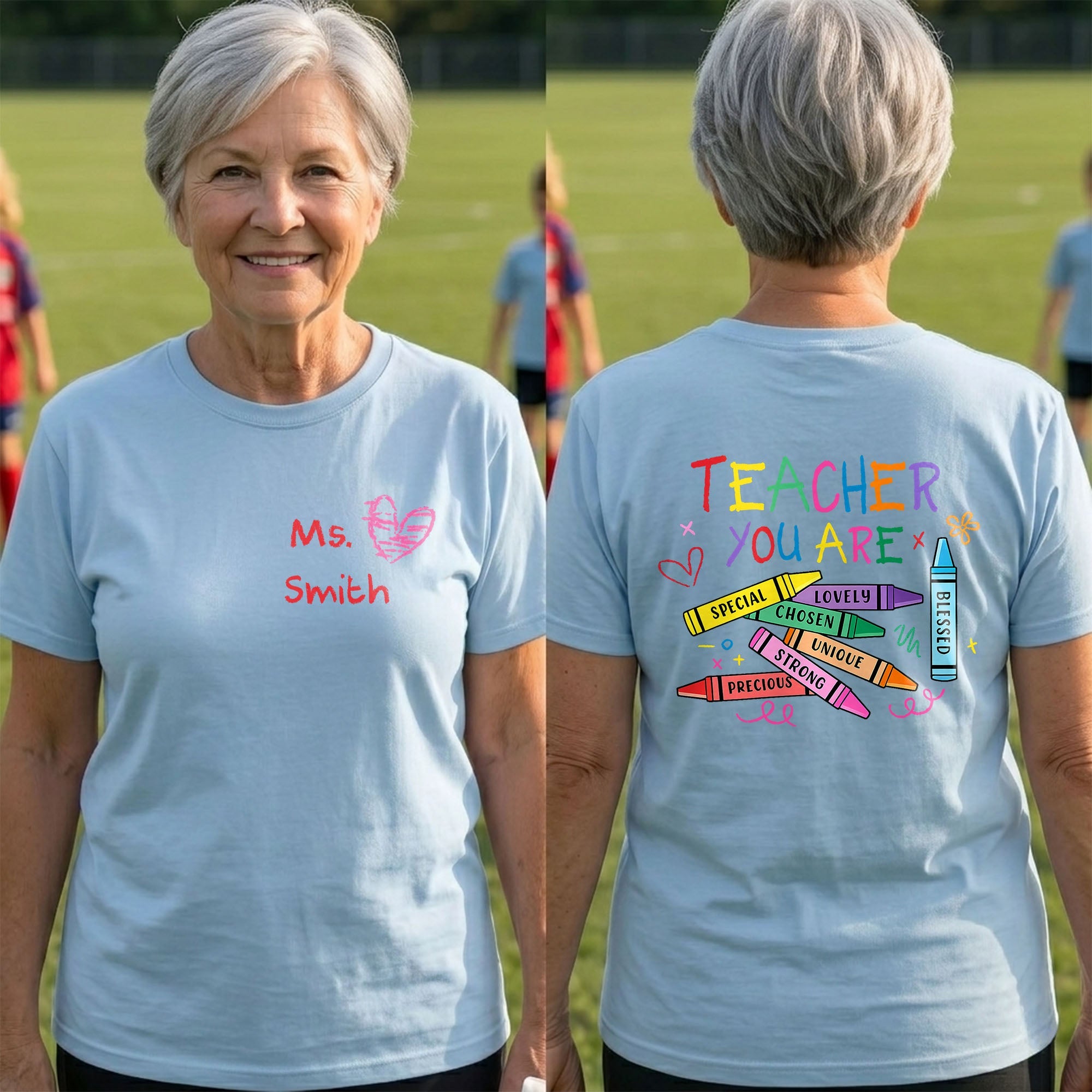 Personalized Teacher T-Shirt Gift Custom Crayon Design T-Shirt Font and Back GradoCreations