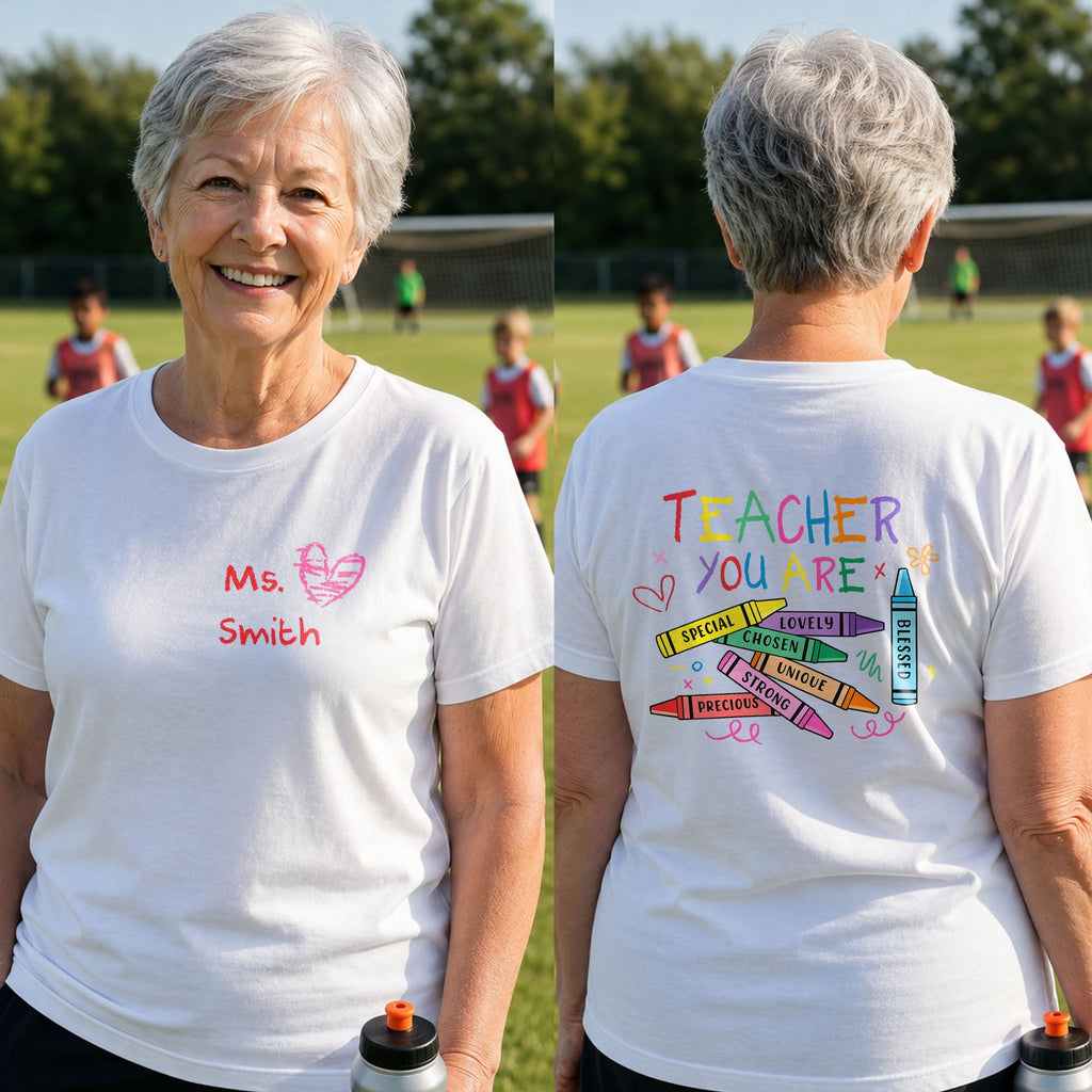 Personalized Teacher T-Shirt Gift Custom Crayon Design T-Shirt Font and Back GradoCreations