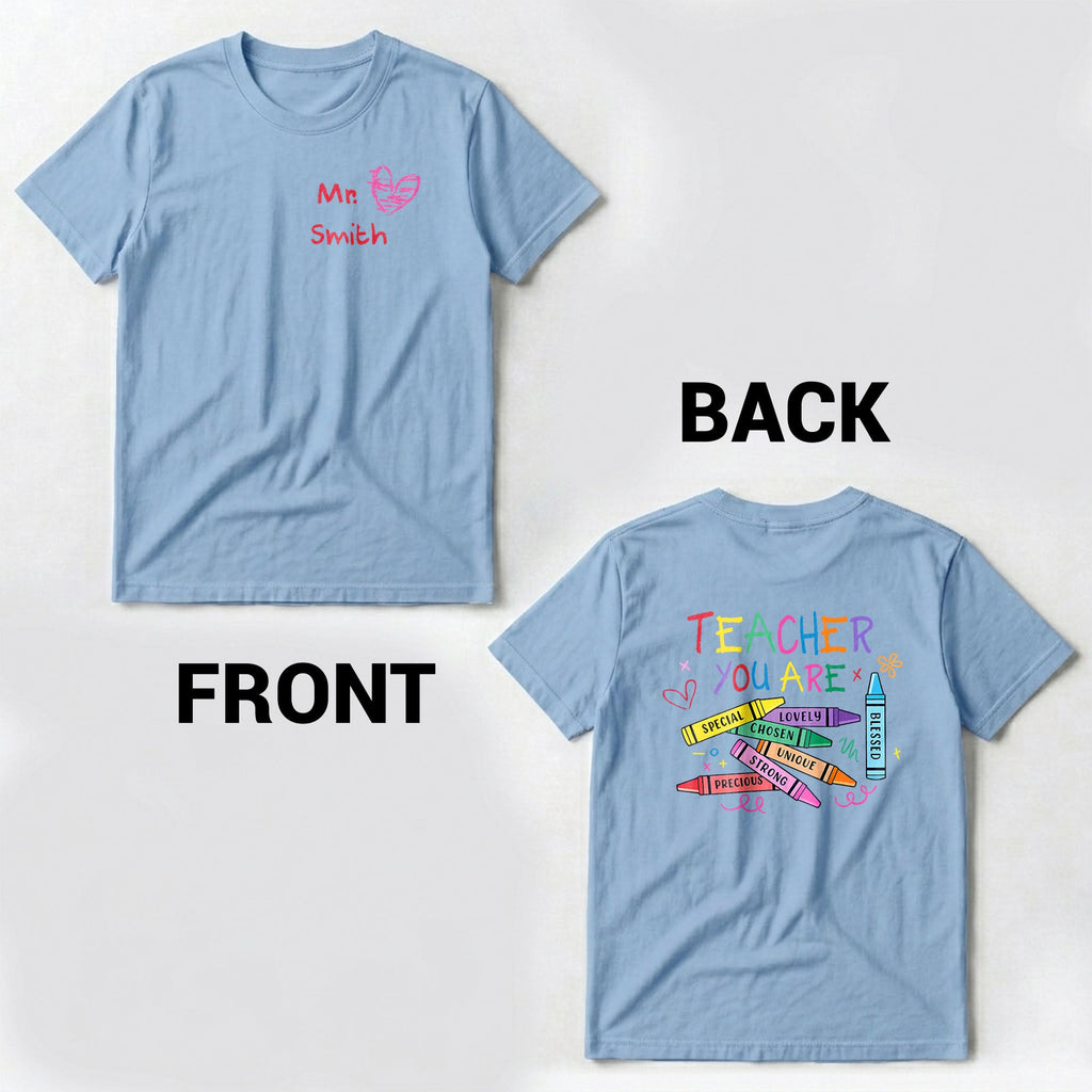 Personalized Teacher T-Shirt Gift Custom Crayon Design T-Shirt Font and Back GradoCreations