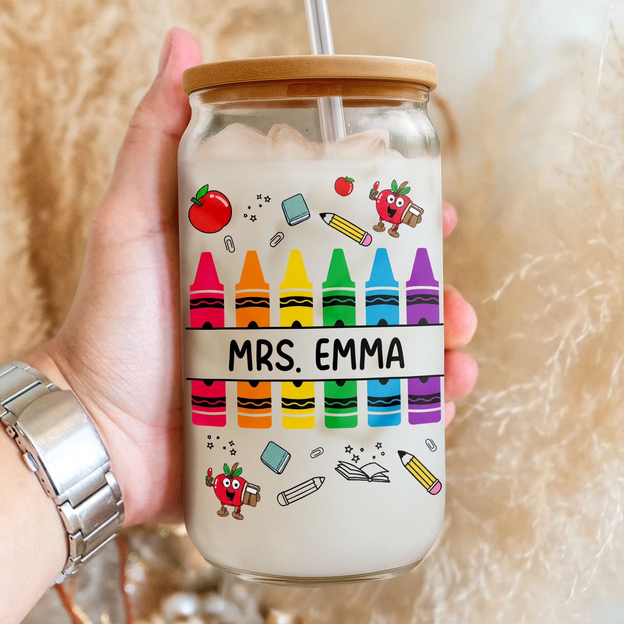 Personalized Clear Glass Can with Straw Teacher Gift Eco-Friendly Clear Glass Can GradoCreations