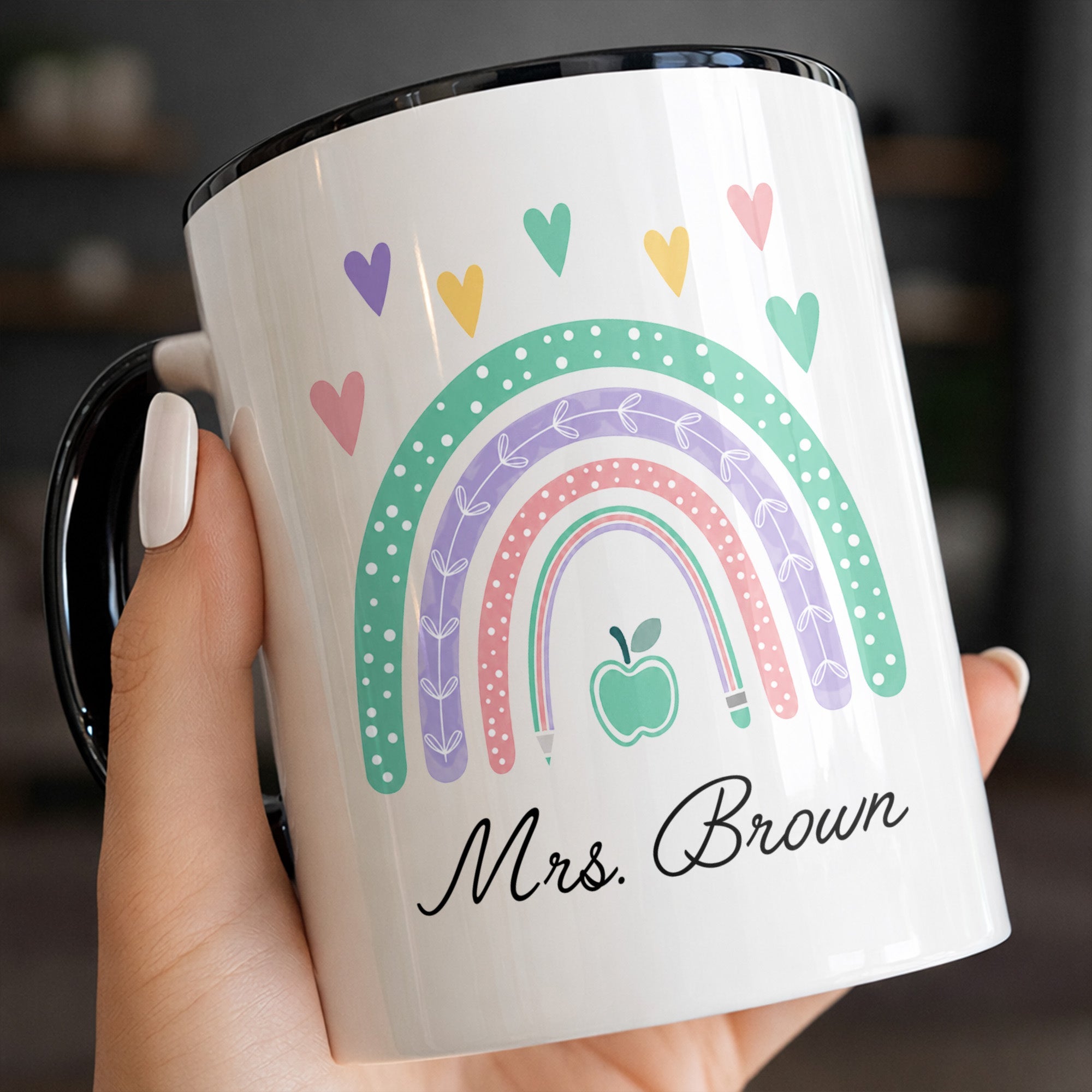 Personalized Ceramic Accent Mug Teaching Gift for Teacher - Rainbow Apple Design