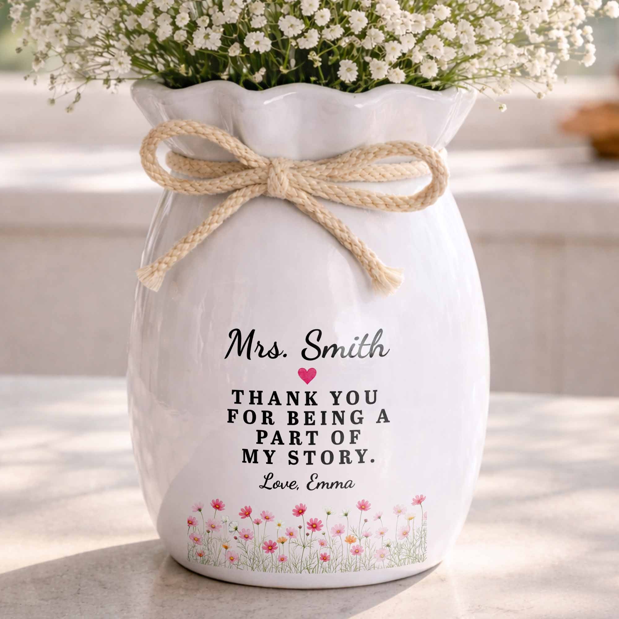 Personalized Ceramic Flower Vase Custom Name Gift for Teacher Ribbon Tie Ceramic Flower Vase GradoCreations
