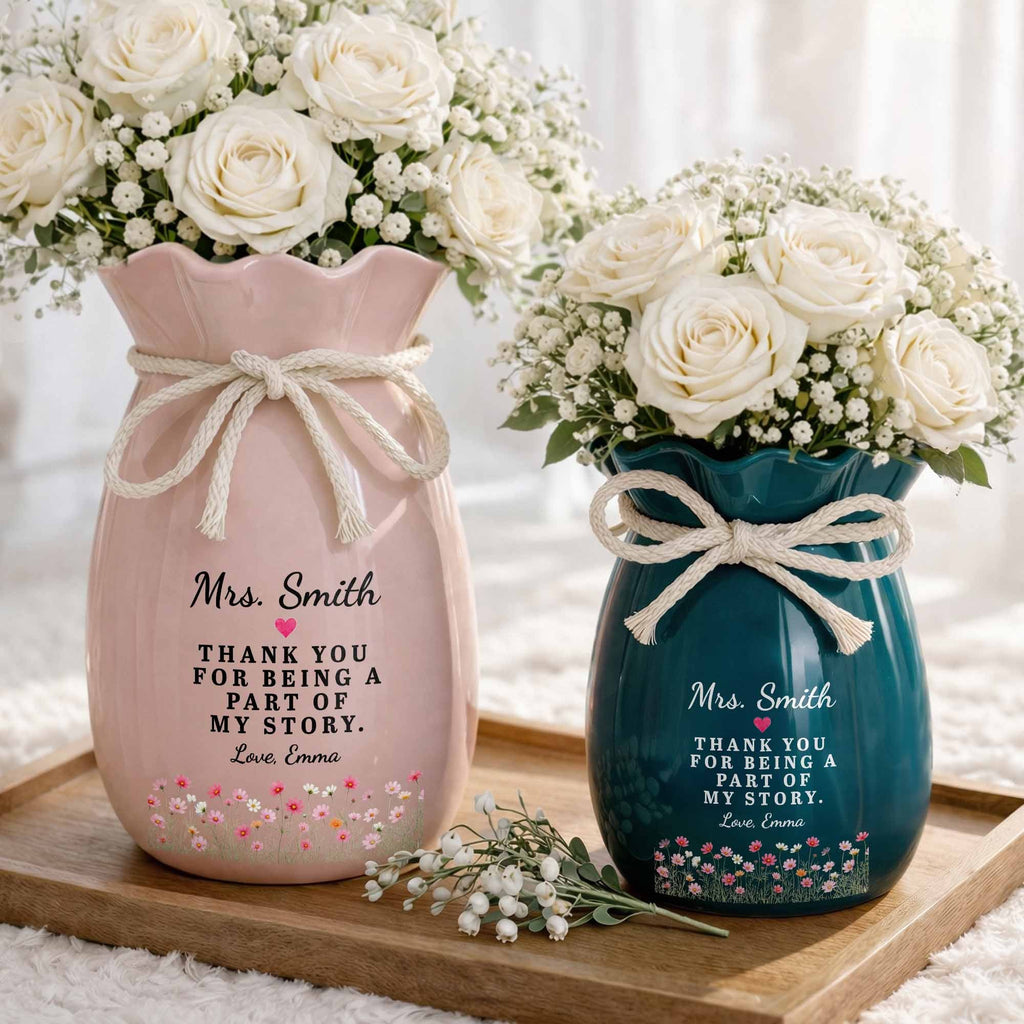 Personalized Ceramic Flower Vase Custom Name Gift for Teacher Ribbon Tie Ceramic Flower Vase GradoCreations