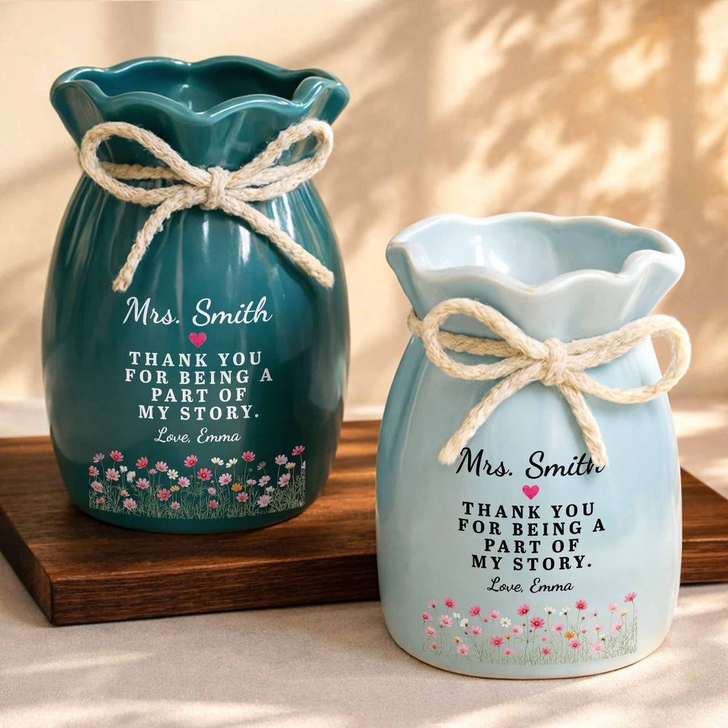 Personalized Ceramic Flower Vase Custom Name Gift for Teacher Ribbon Tie Ceramic Flower Vase GradoCreations