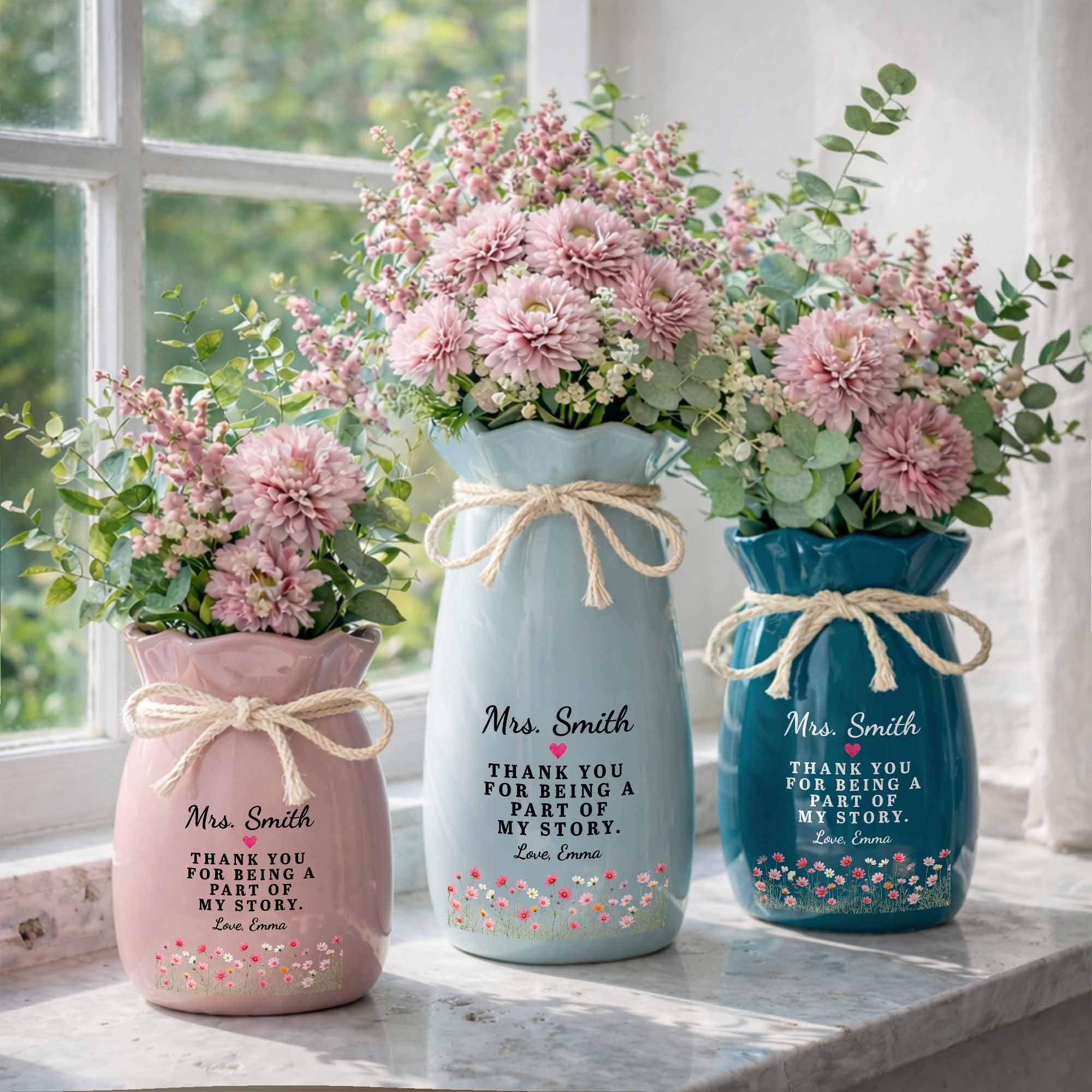Personalized Ceramic Flower Vase Custom Name Gift for Teacher Ribbon Tie Ceramic Flower Vase GradoCreations