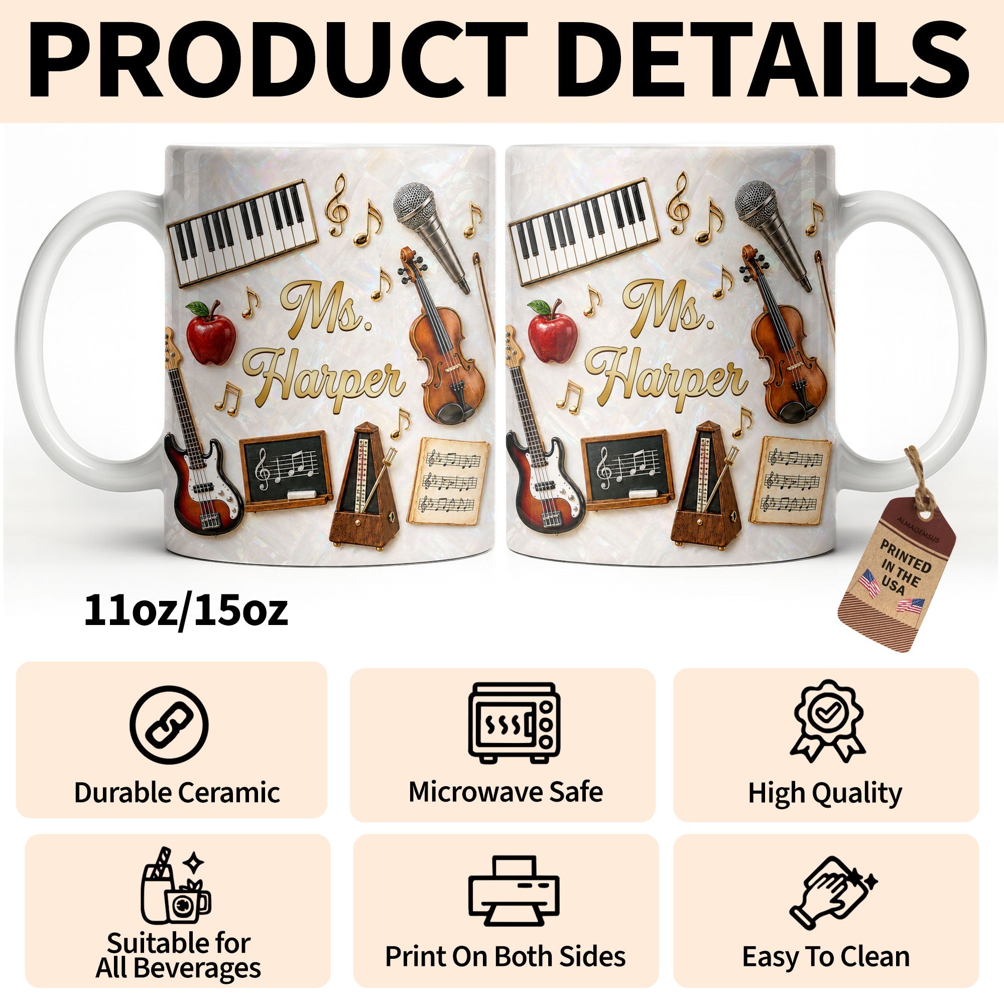 Personalized Music Teacher Coffee Mug Custom Name Gift Edge-to-edge Mug GradoCreations