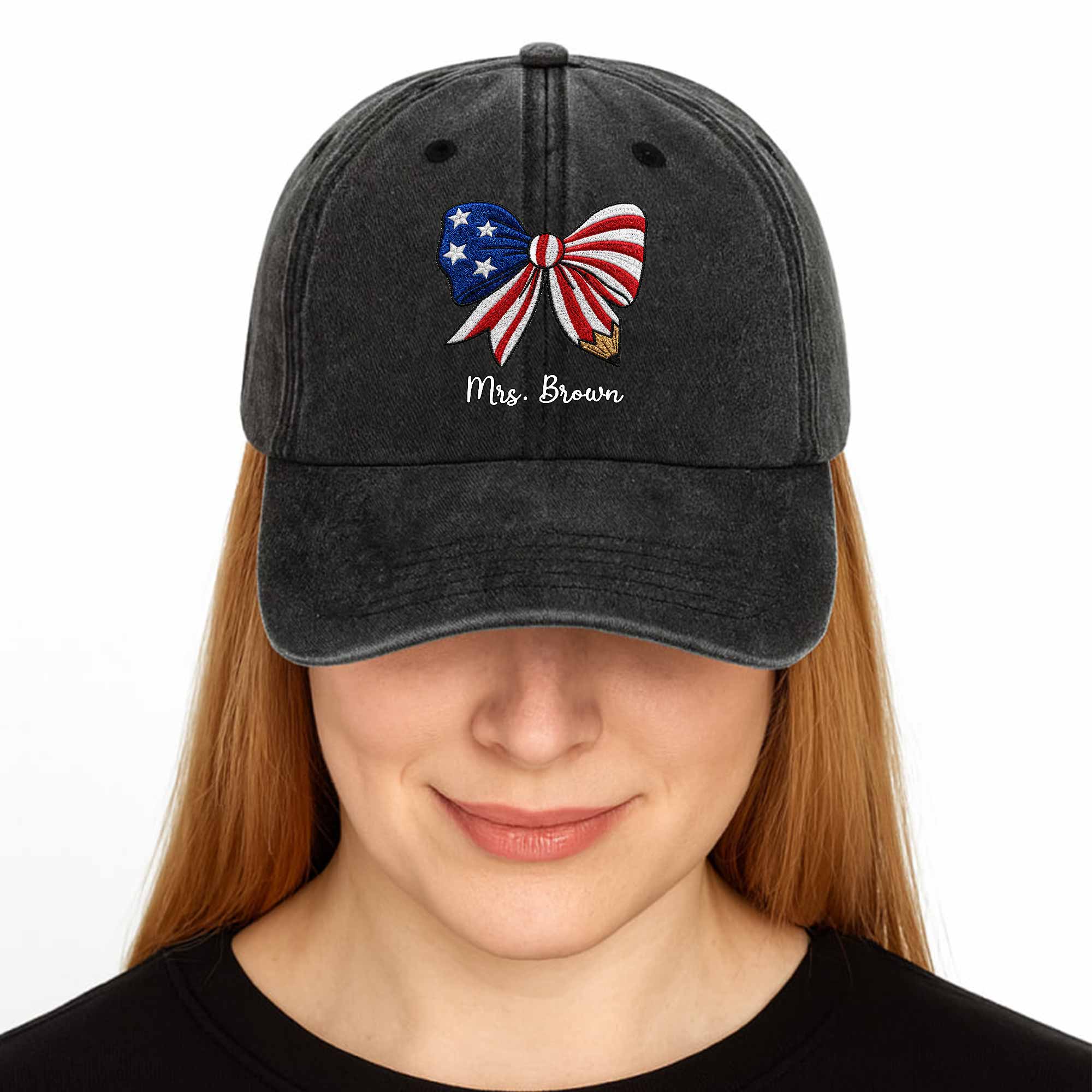 Personalized American Flag Teacher Denim Cap Custom Name Gift Washed Denim Cap GradoCreations