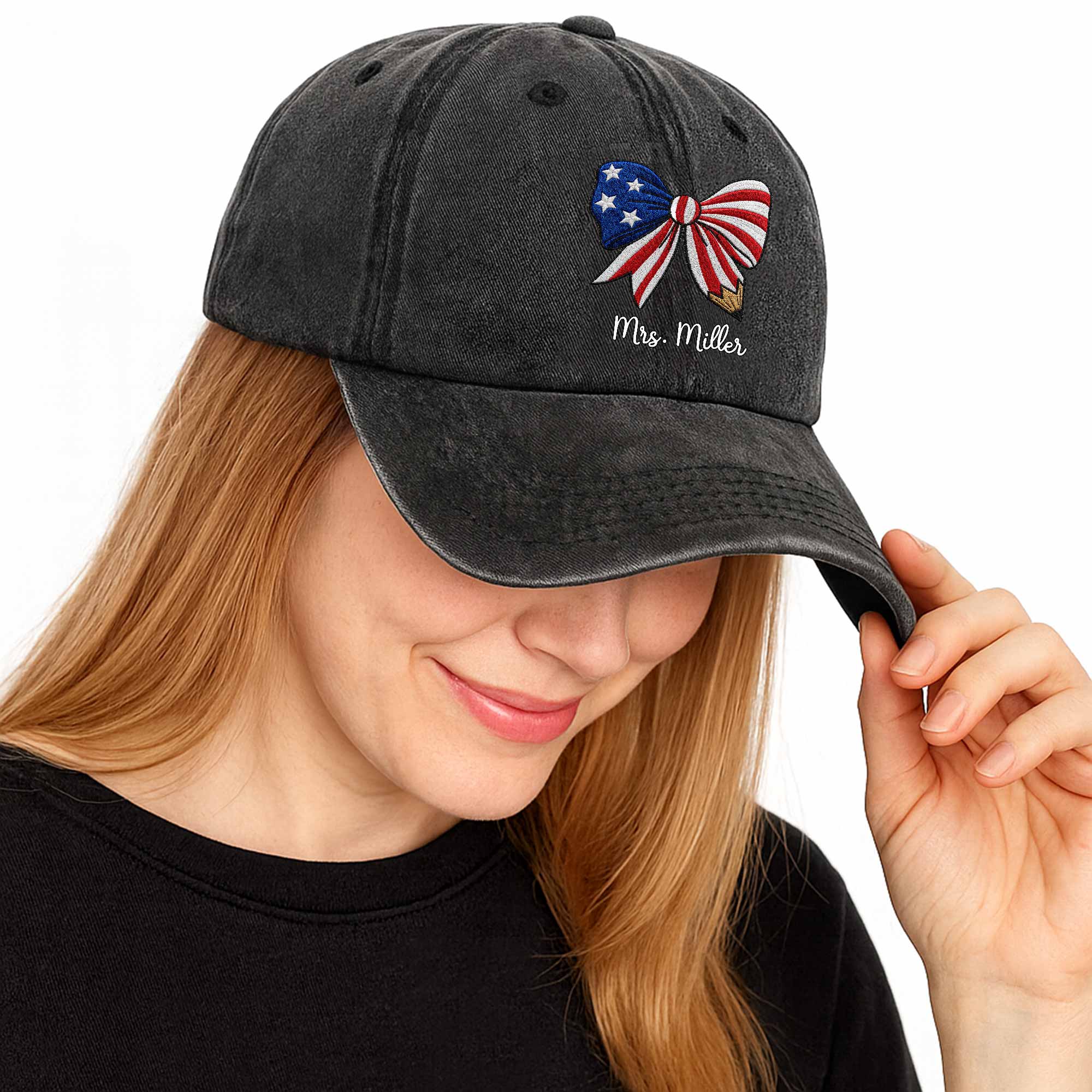 Personalized American Flag Teacher Denim Cap Custom Name Gift Washed Denim Cap GradoCreations